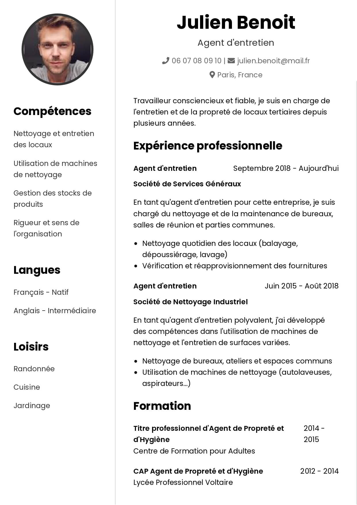 exemple cv agent d'entretien