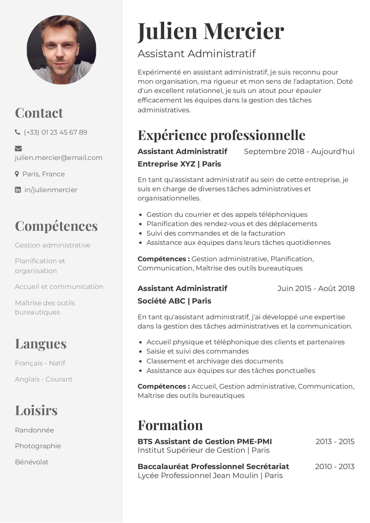 exemple cv assistant administratif