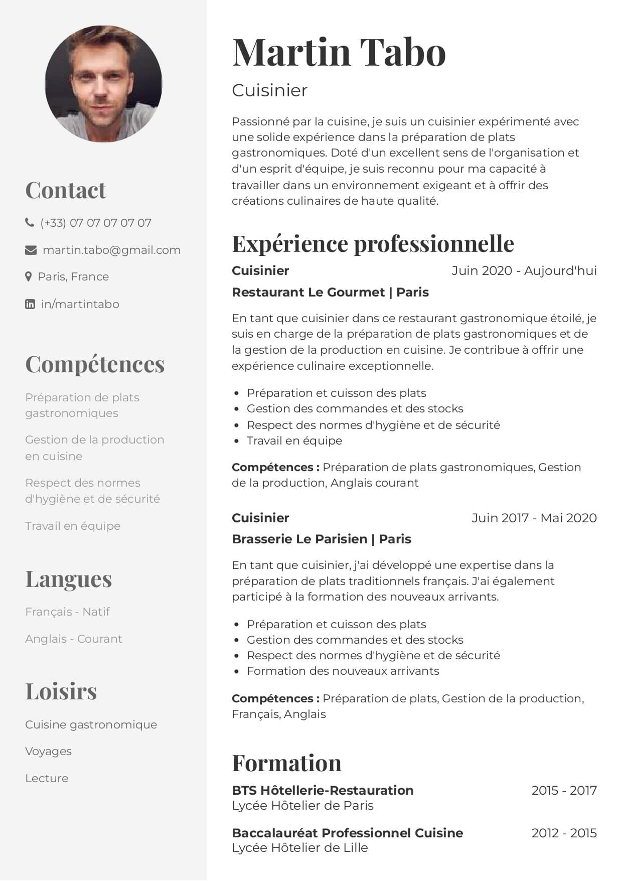 exemple cv cuisinier