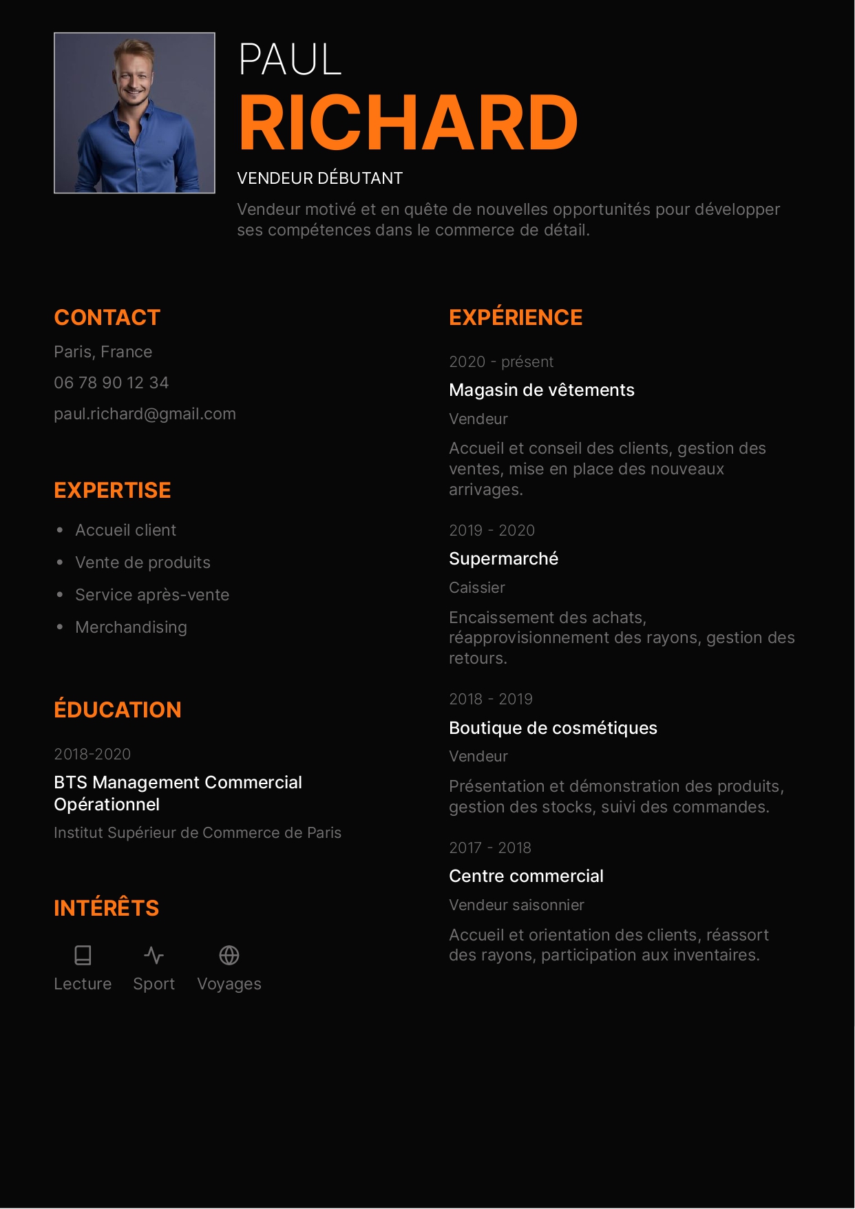 exemple cv vendeur débutant