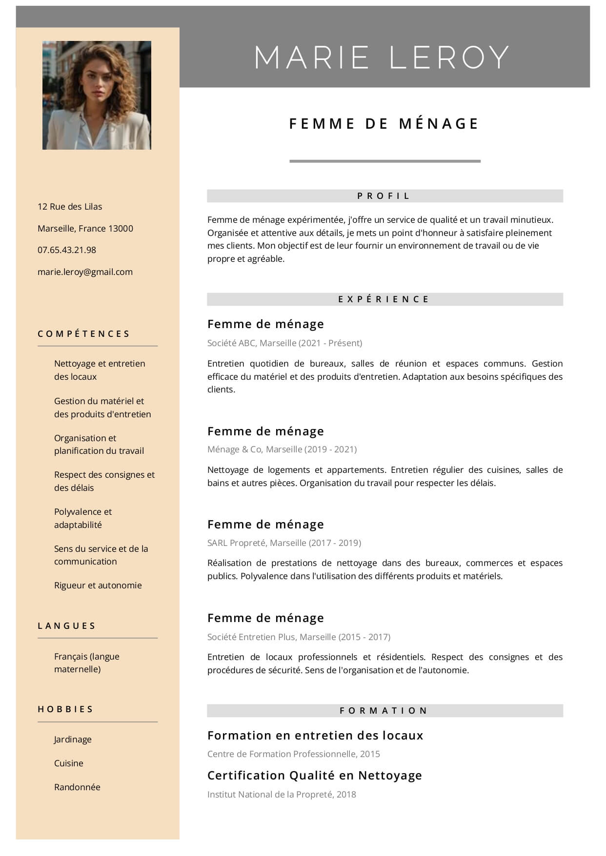 exemple cv femme de menage