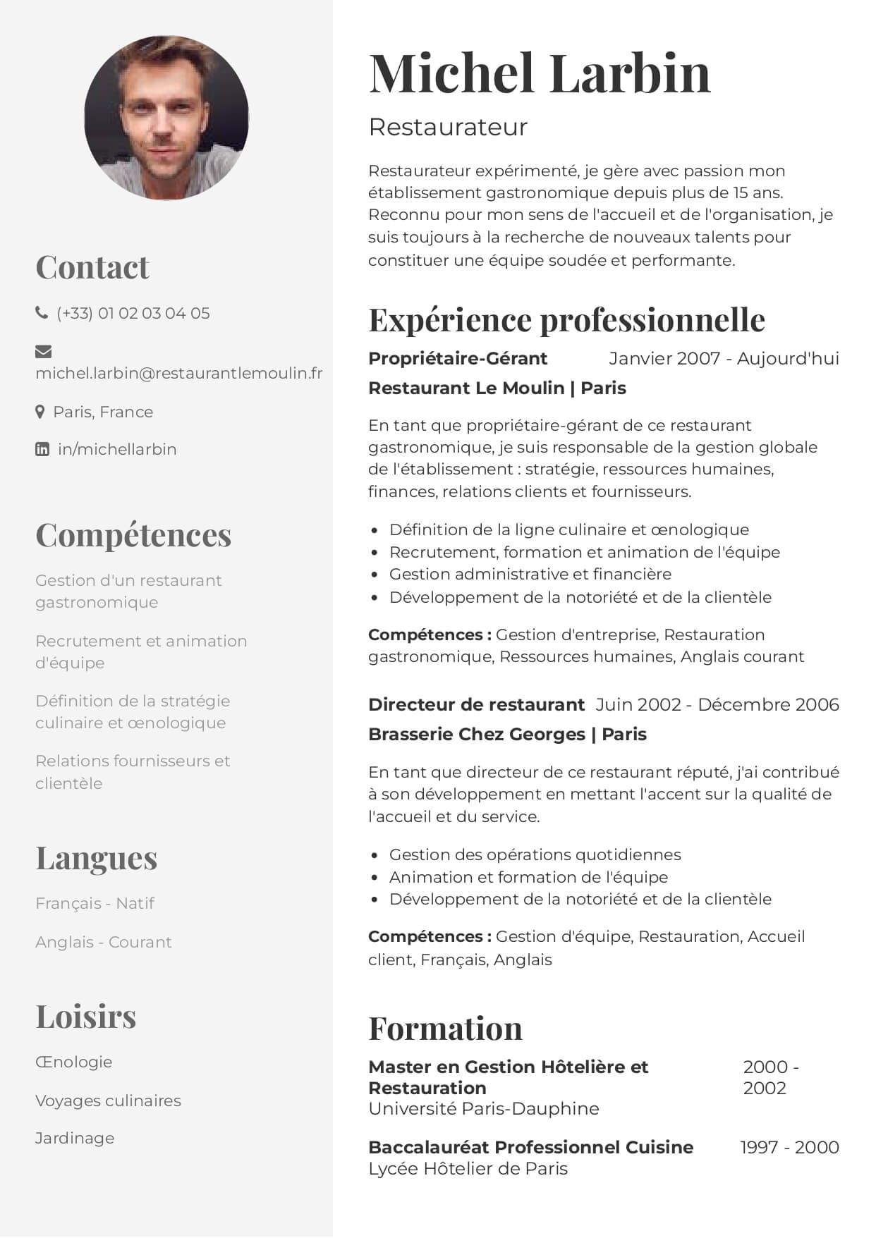 exemple cv restaurateur