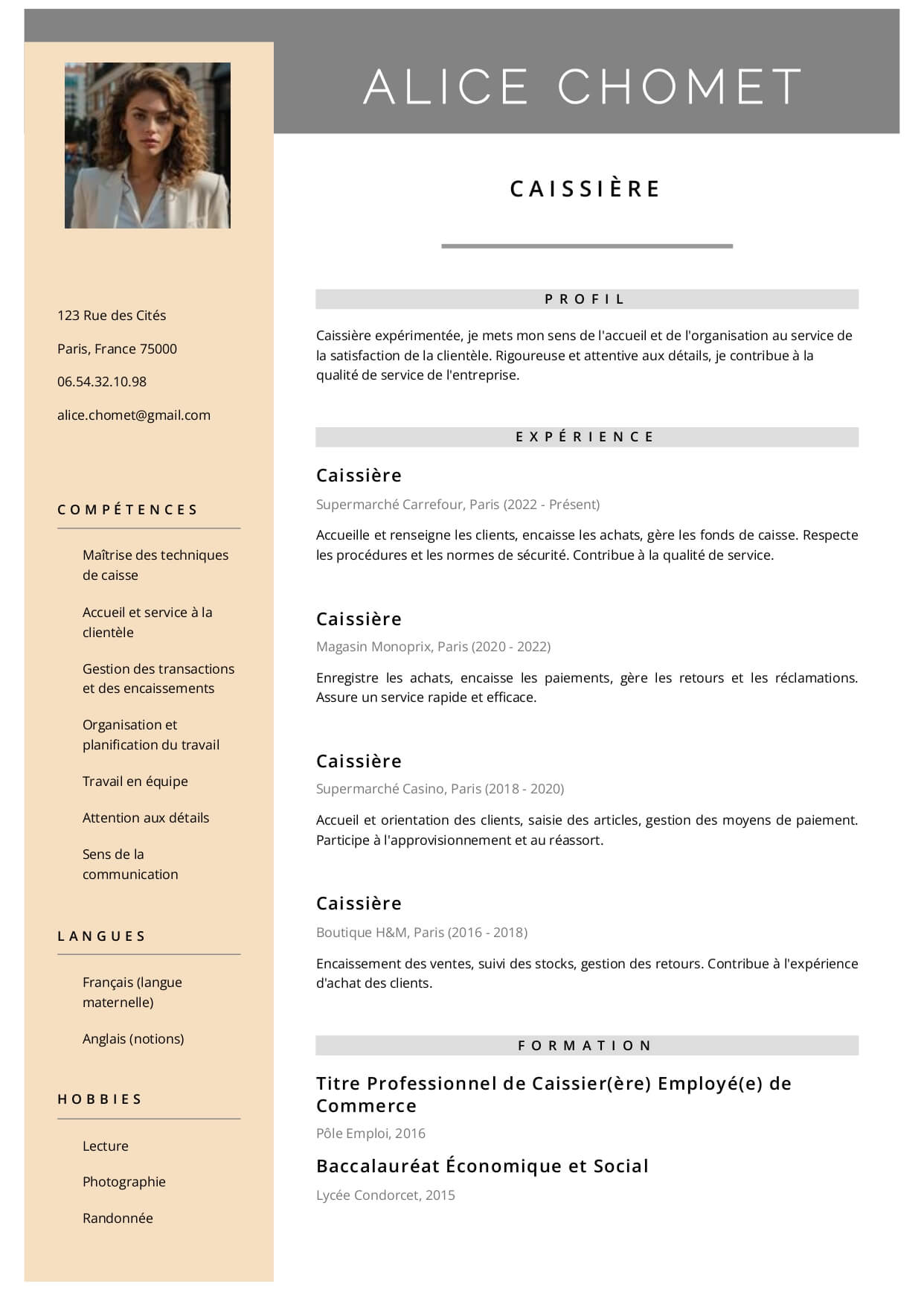 exemple cv caissiere