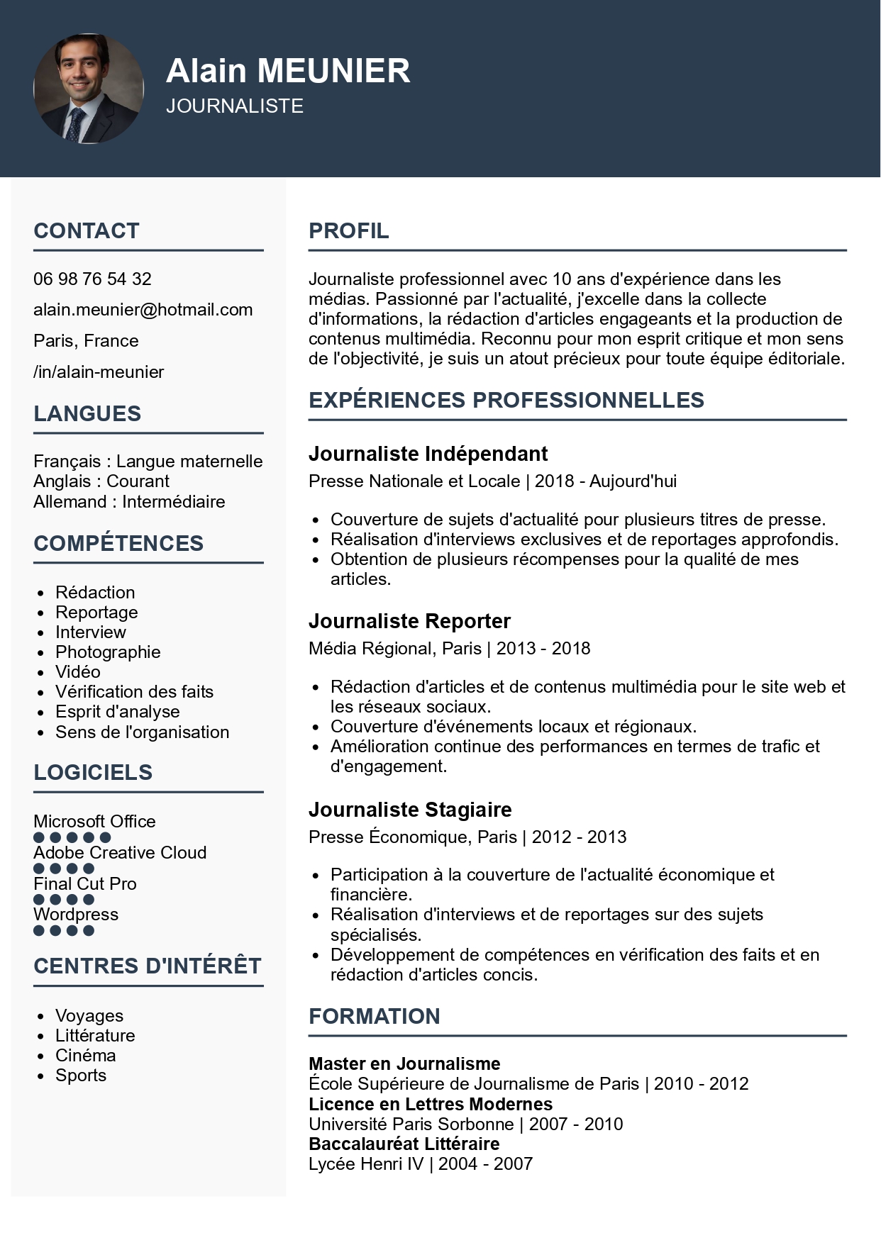 exemple cv journaliste