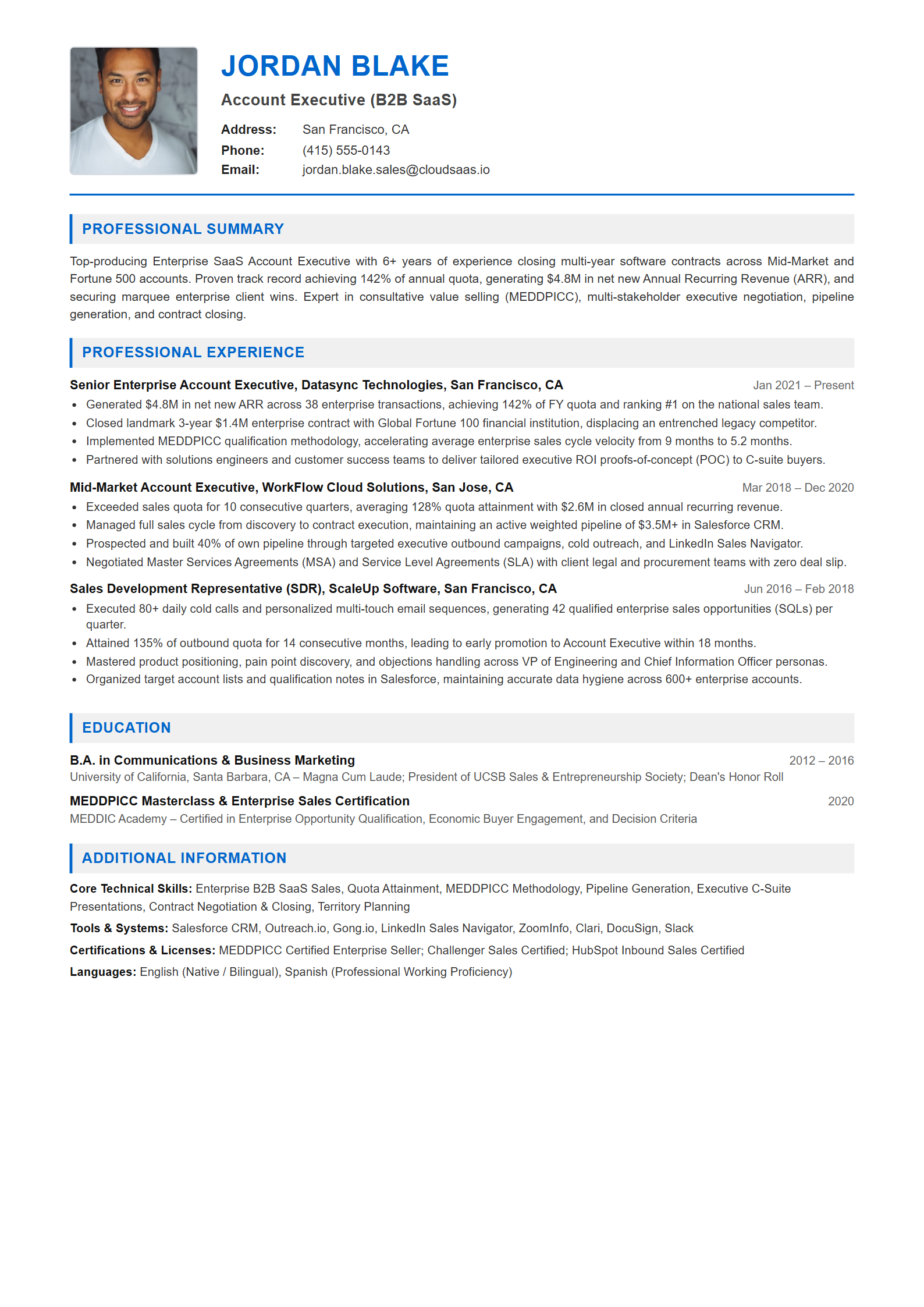 Account Executive (B2B SaaS) Resume Example (Template 107 - Executive Single-Page Format)