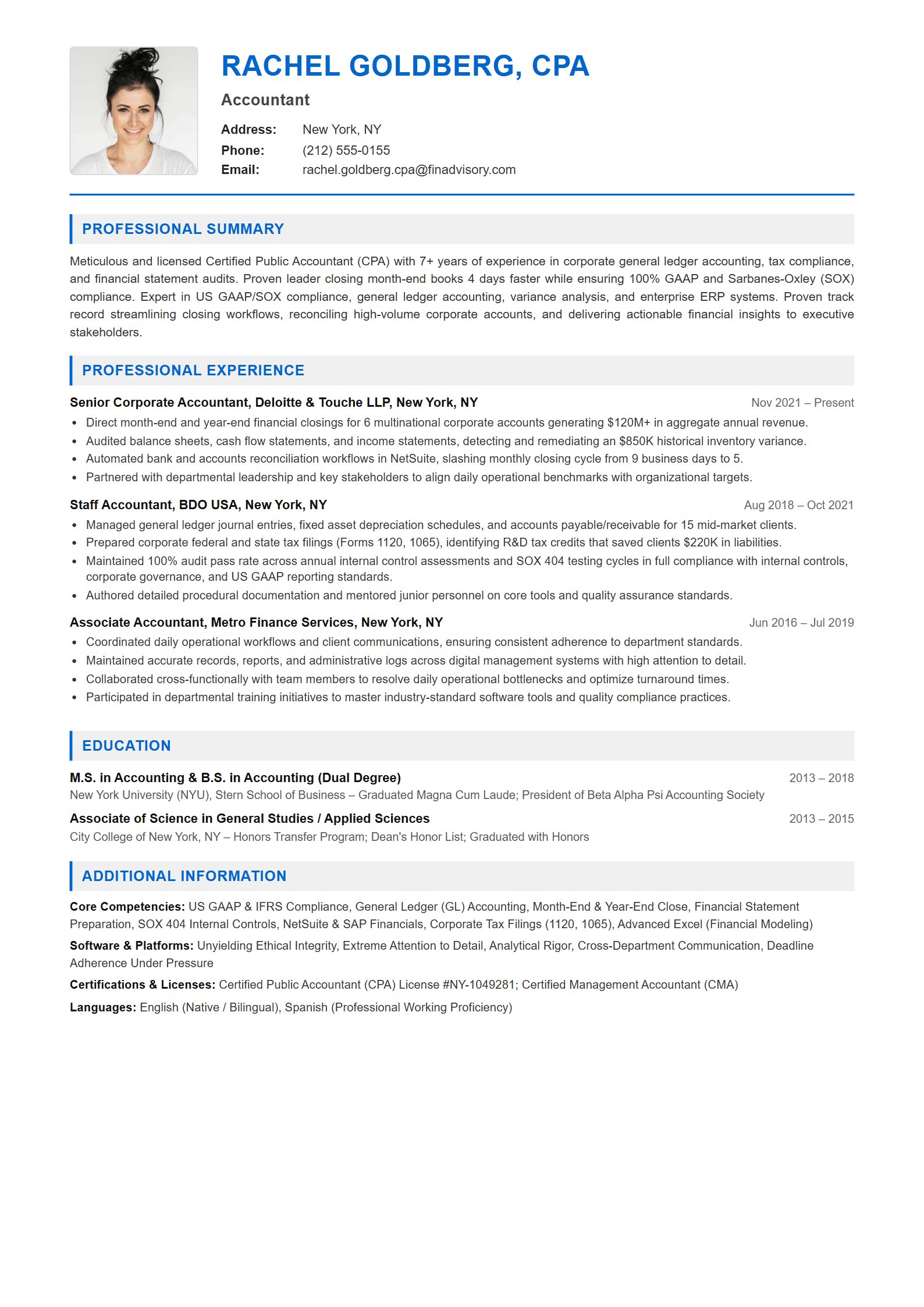 Accountant Resume Example (Template 107 - Executive Single-Page Format)
