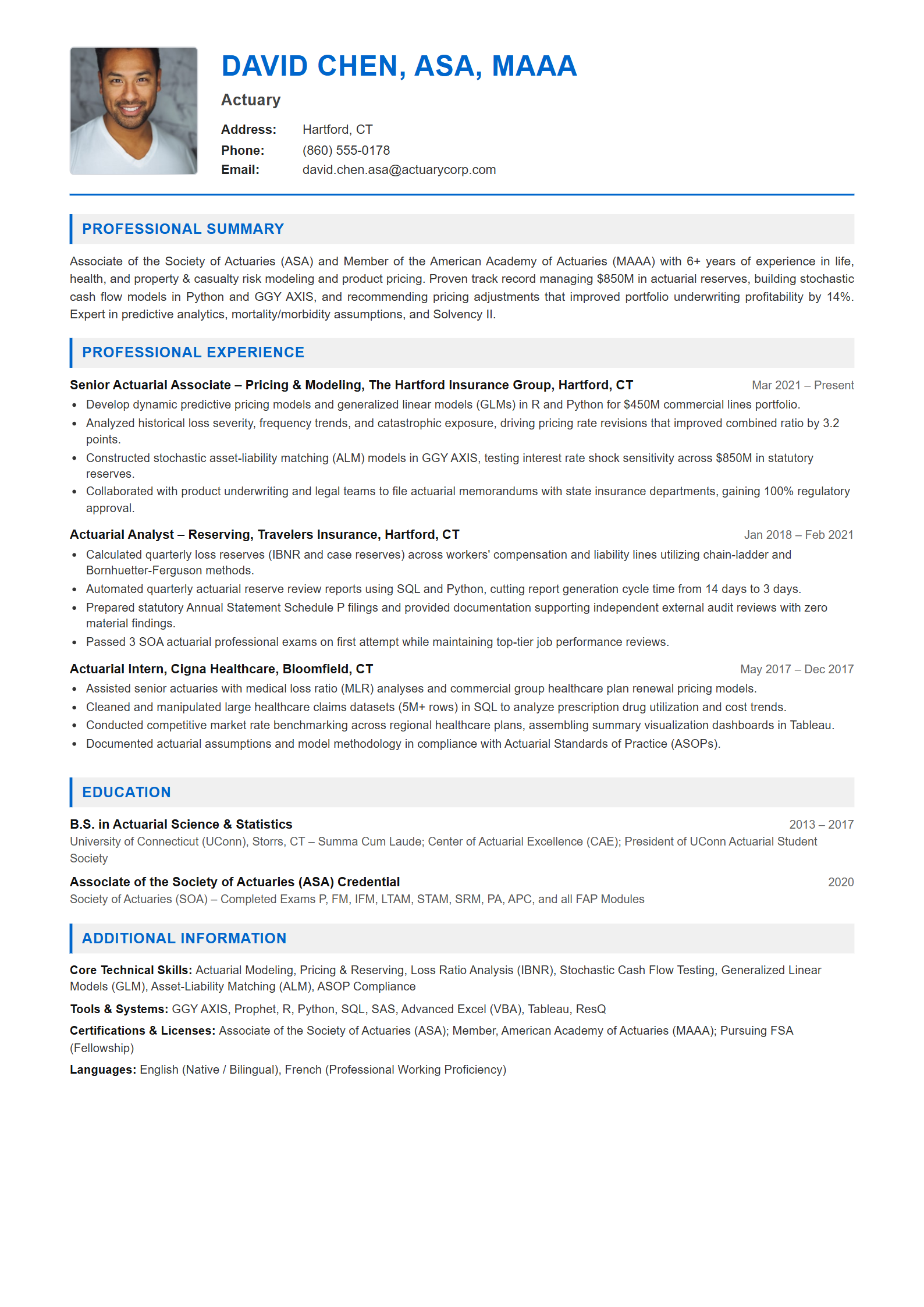 Actuary Resume Example (Template 107 - Executive Single-Page Format)