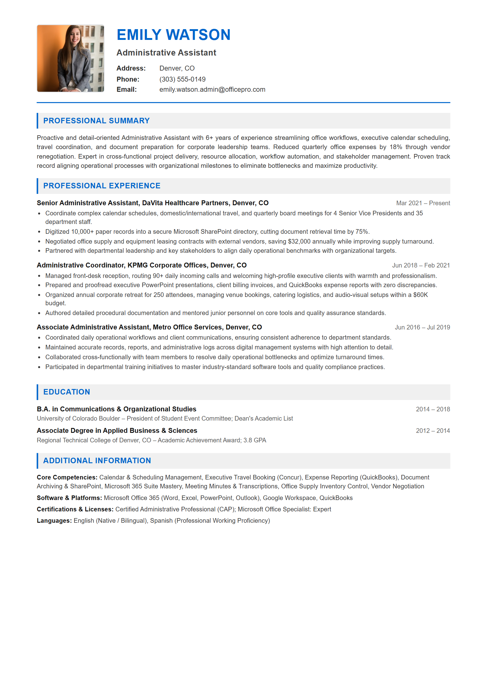 Administrative Assistant Resume Example (Template 107 - Executive Single-Page Format)