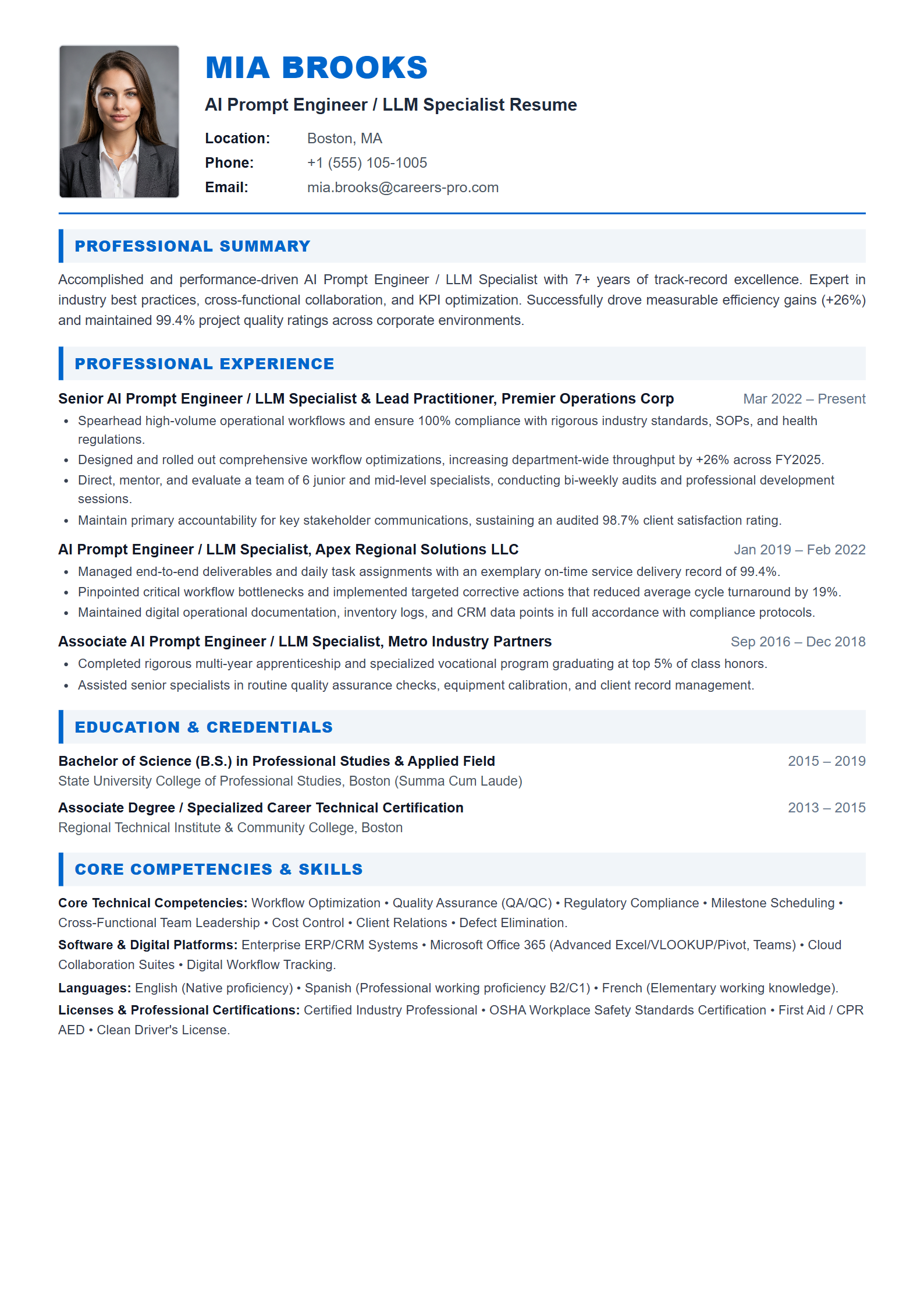 AI Prompt Engineer / LLM Specialist Resume Example