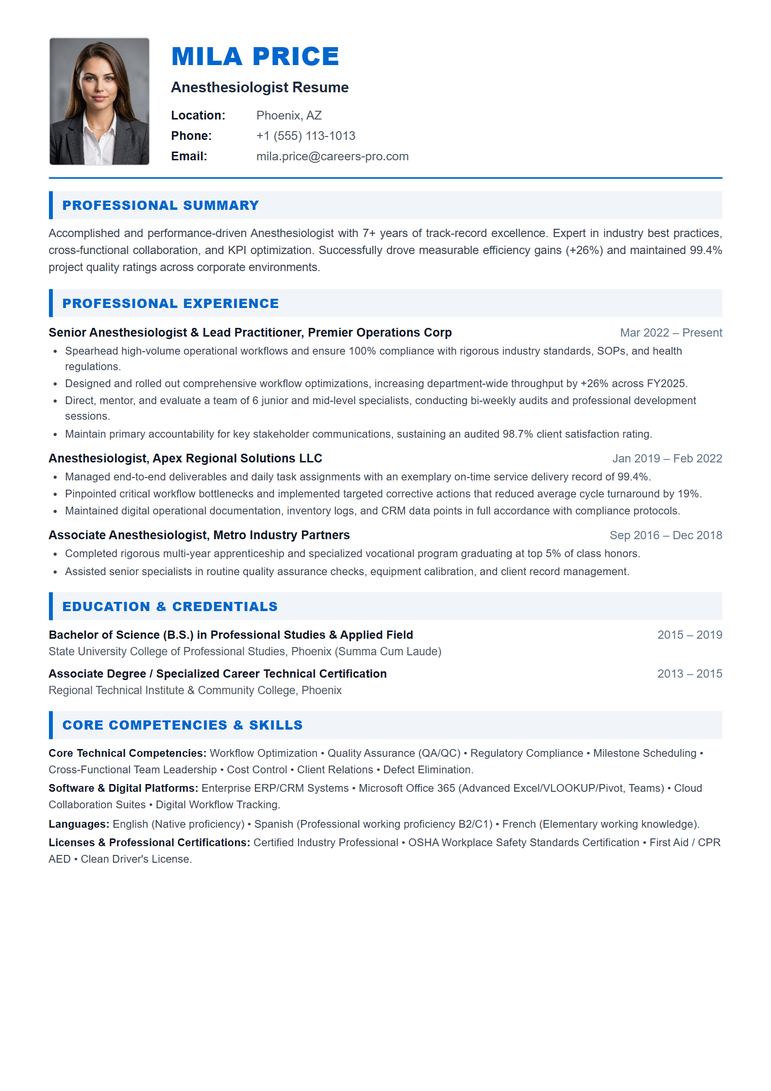Anesthesiologist Resume Example