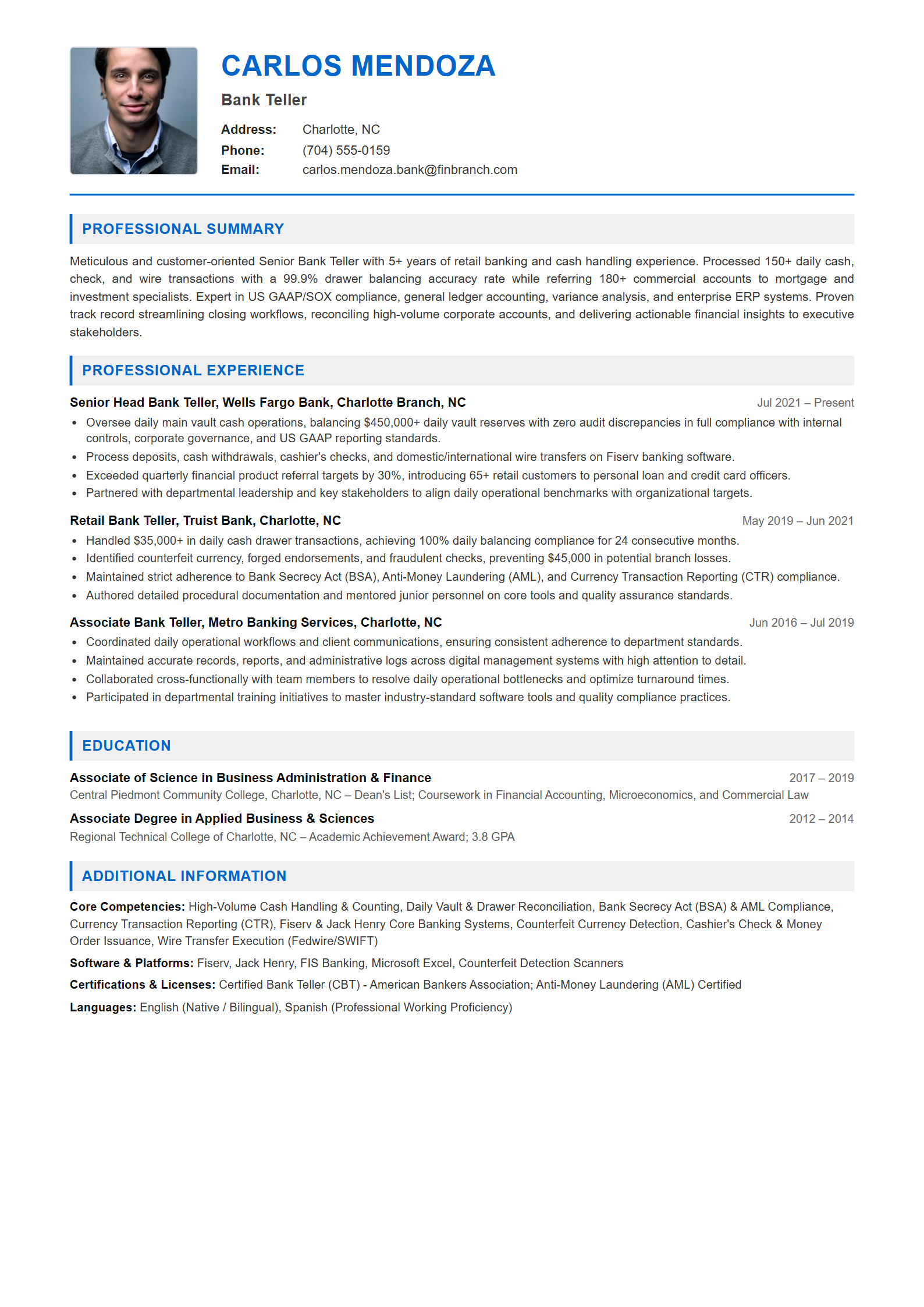 Bank Teller Resume Example (Template 107 - Executive Single-Page Format)