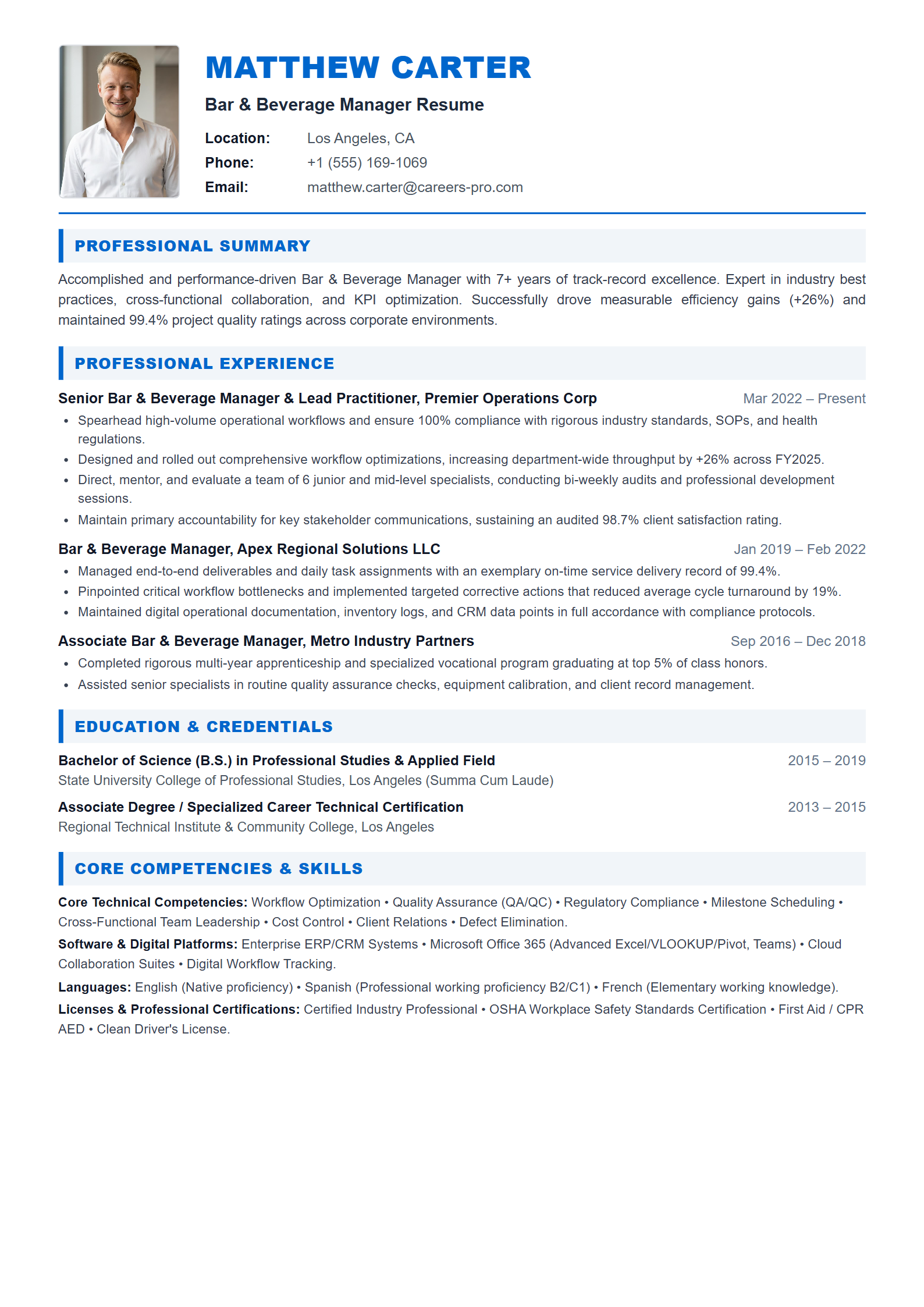Bar & Beverage Manager Resume Example