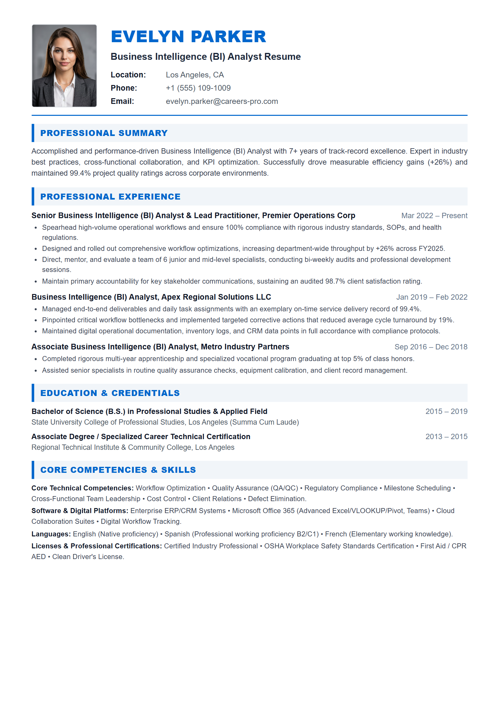 Business Intelligence (BI) Analyst Resume Example