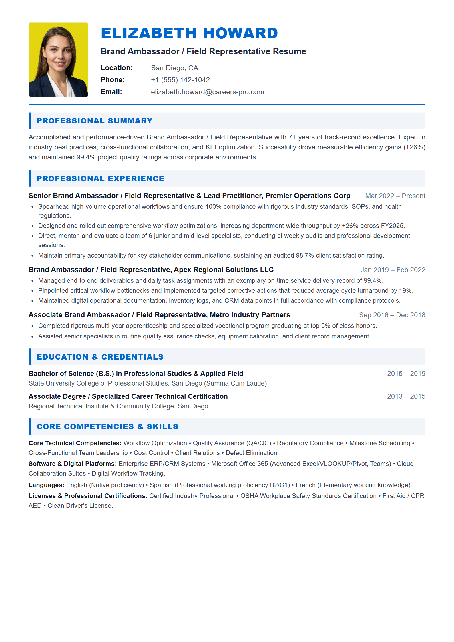 Brand Ambassador / Field Representative Resume Example