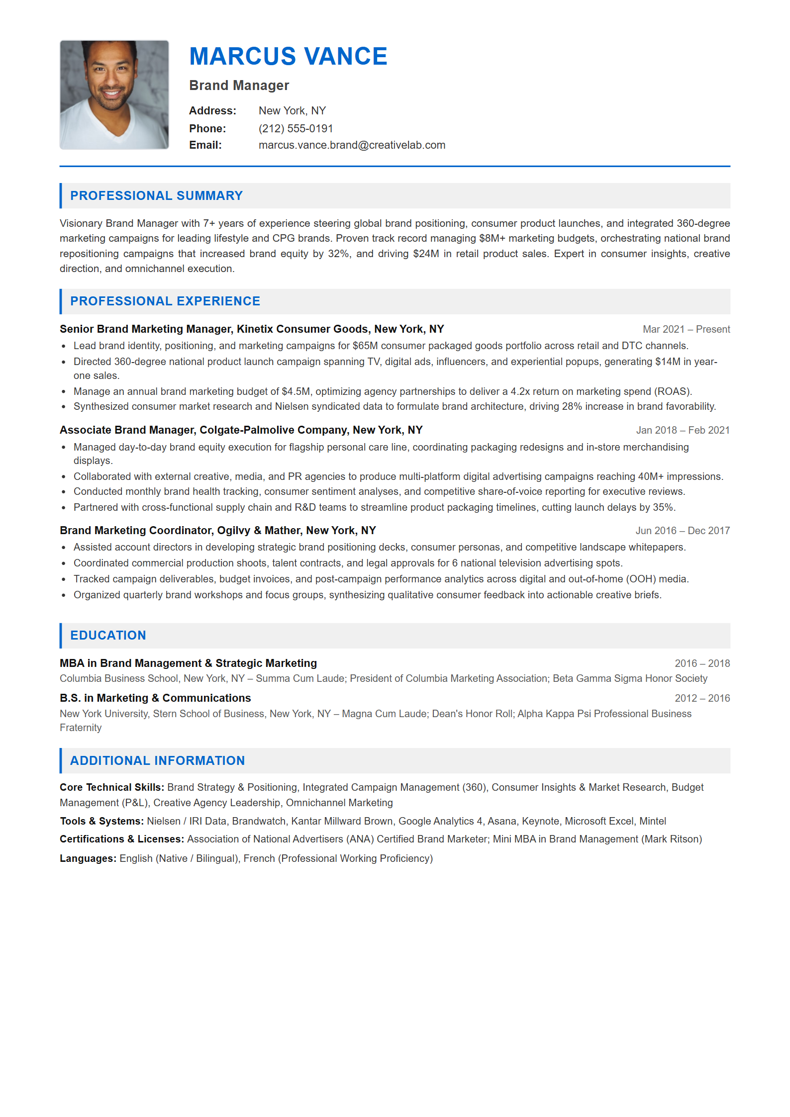 Brand Manager Resume Example (Template 107 - Executive Single-Page Format)