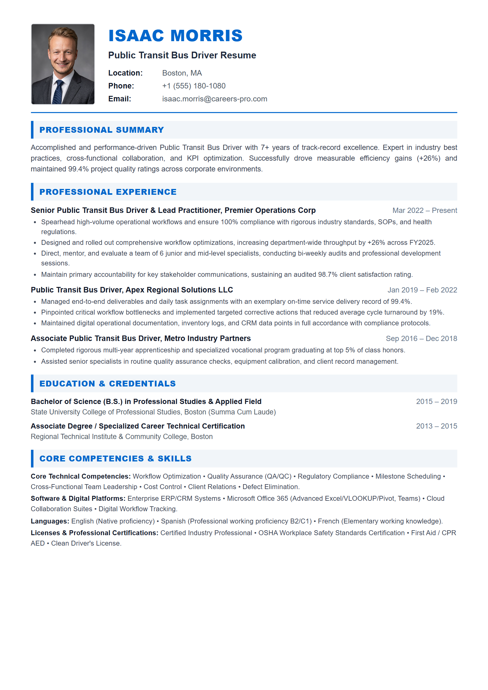 Public Transit Bus Driver Resume Example