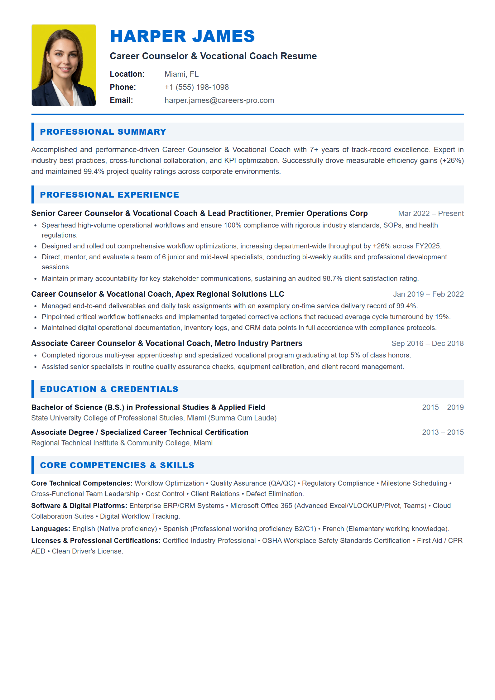 Career Counselor & Vocational Coach Resume Example