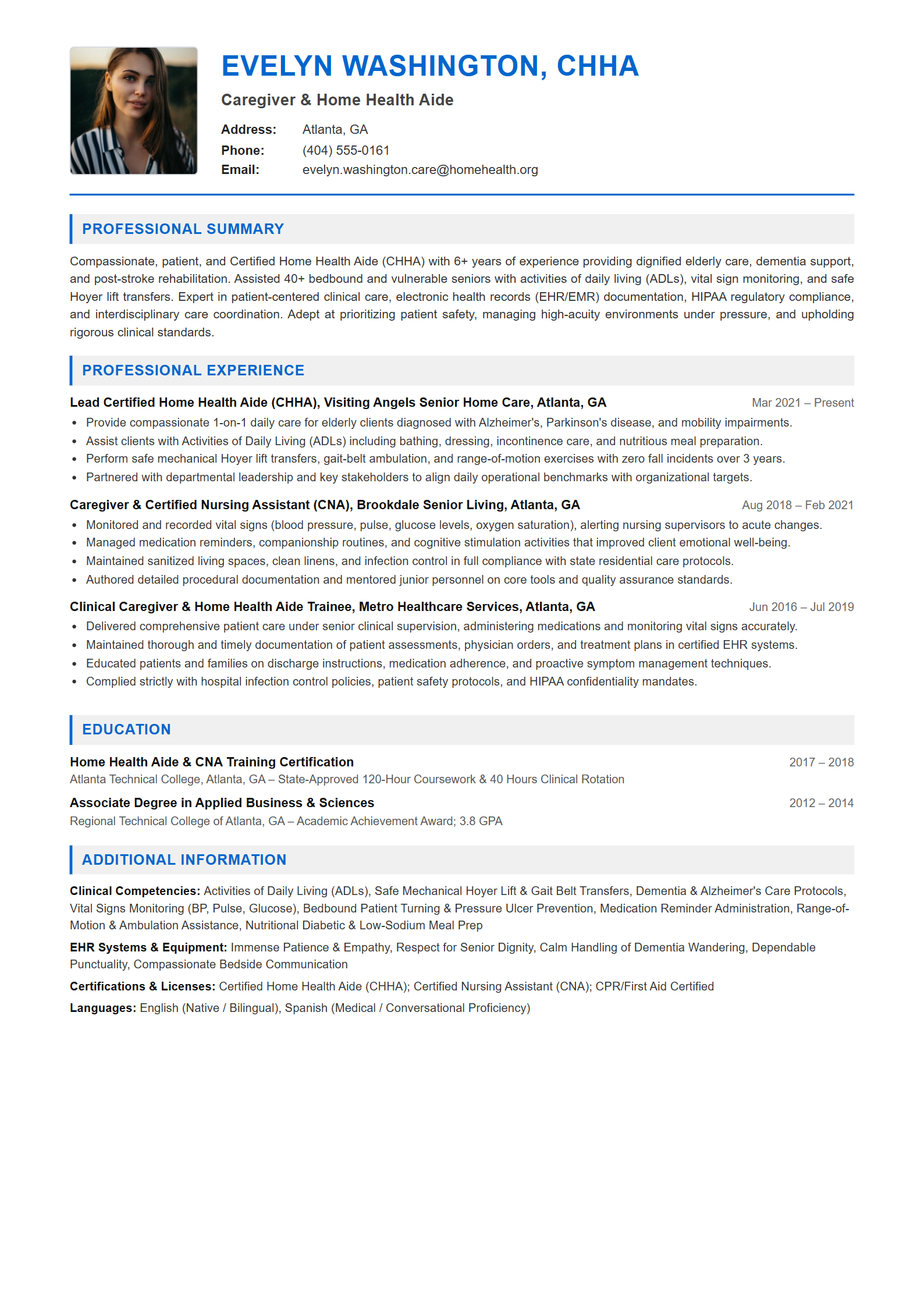 Caregiver & Home Health Aide Resume Example (Template 107 - Executive Single-Page Format)
