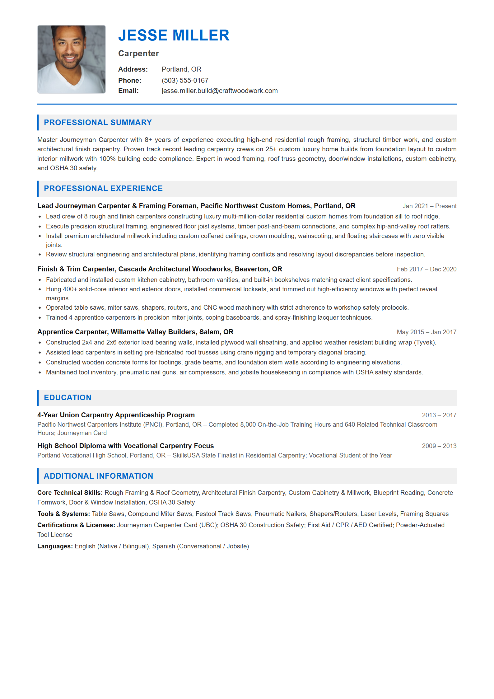 Carpenter Resume Example (Template 107 - Executive Single-Page Format)
