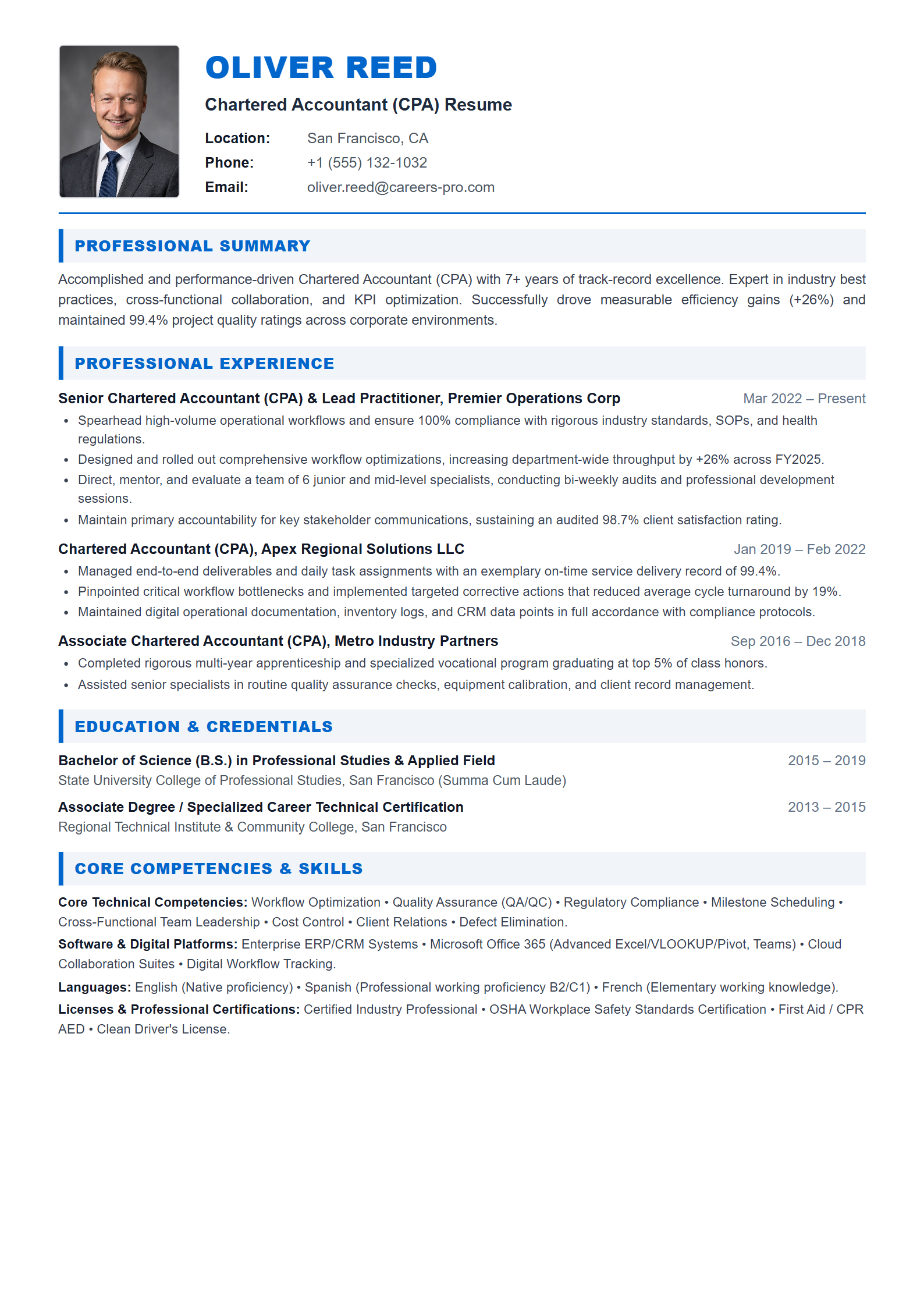 Chartered Accountant (CPA) Resume Example