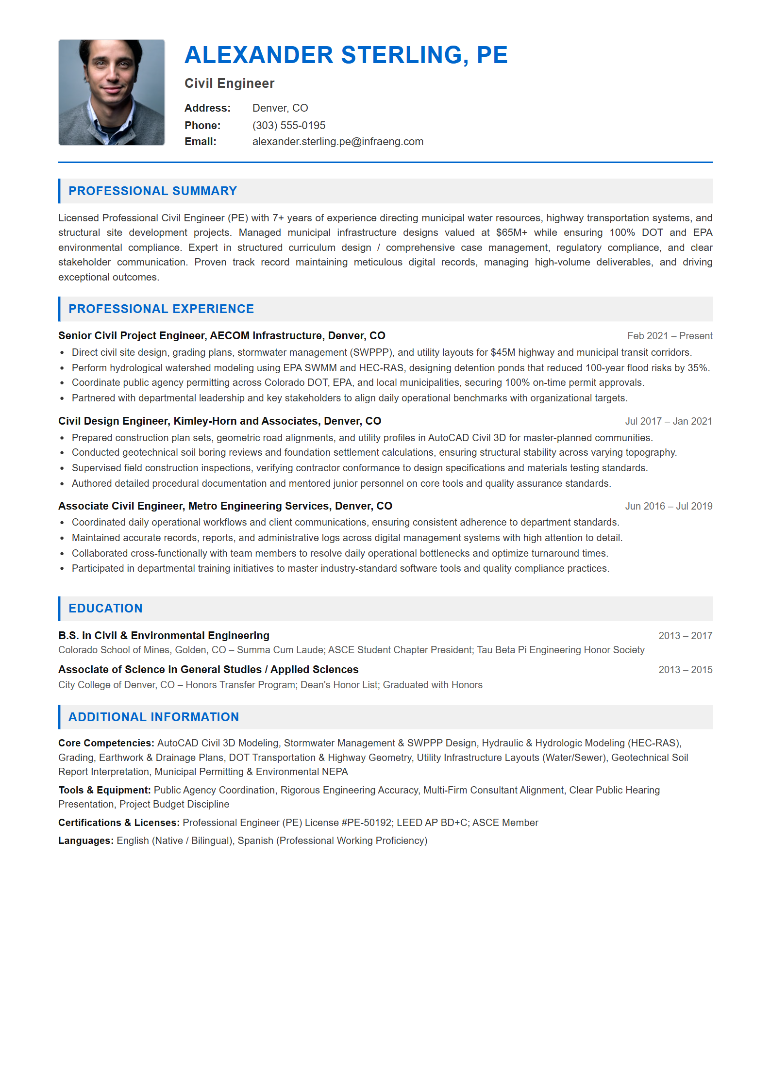 Civil Engineer Resume Example (Template 107 - Executive Single-Page Format)