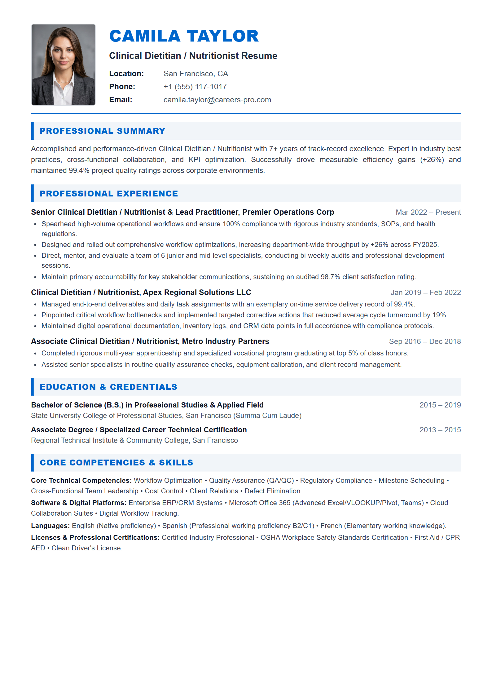 Clinical Dietitian / Nutritionist Resume Example