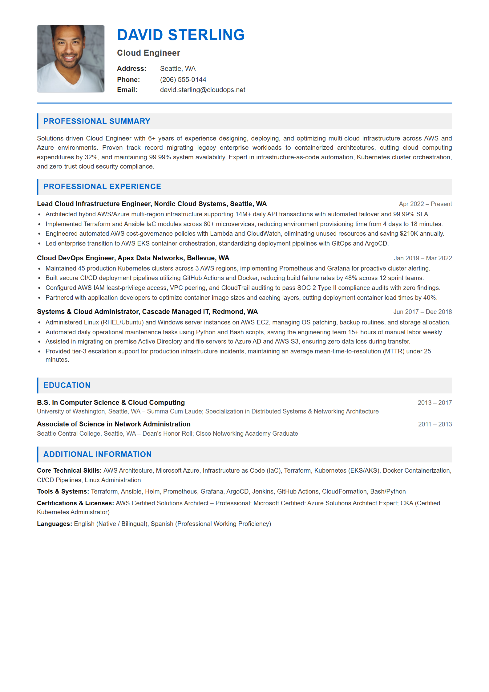 Cloud Engineer Resume Example (Template 107 - Executive Single-Page Format)