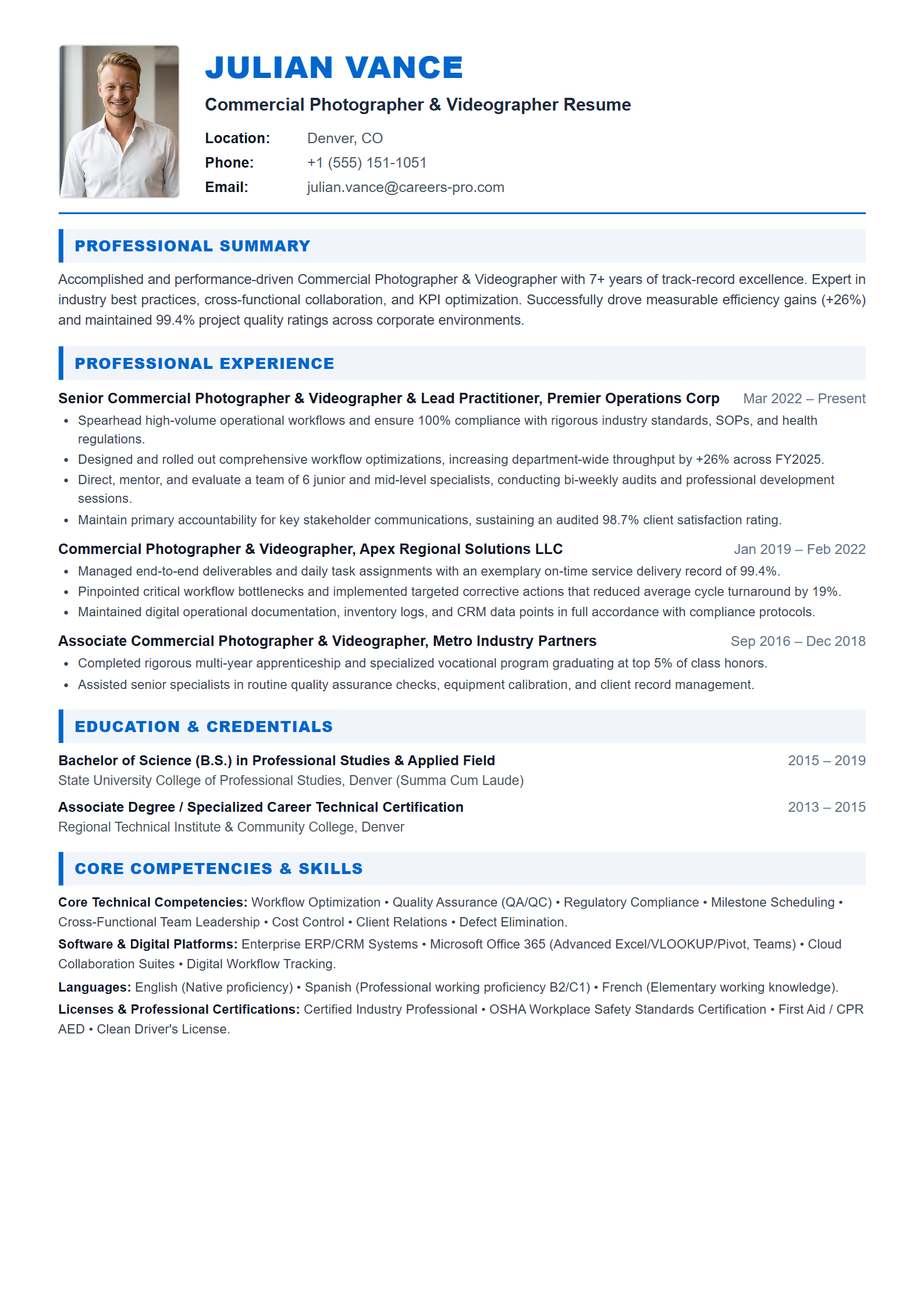 Commercial Photographer & Videographer Resume Example