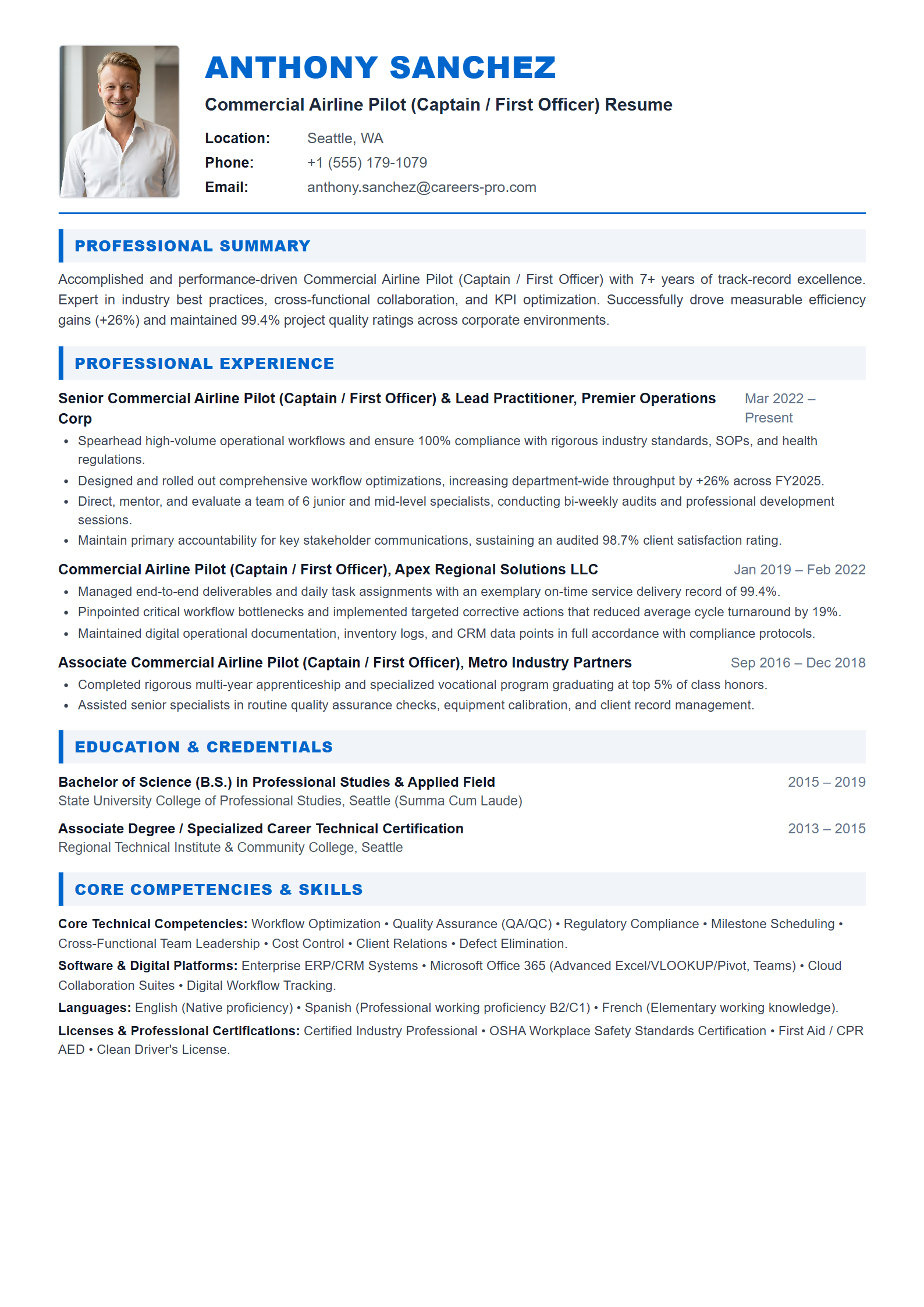 Commercial Airline Pilot (Captain / First Officer) Resume Example