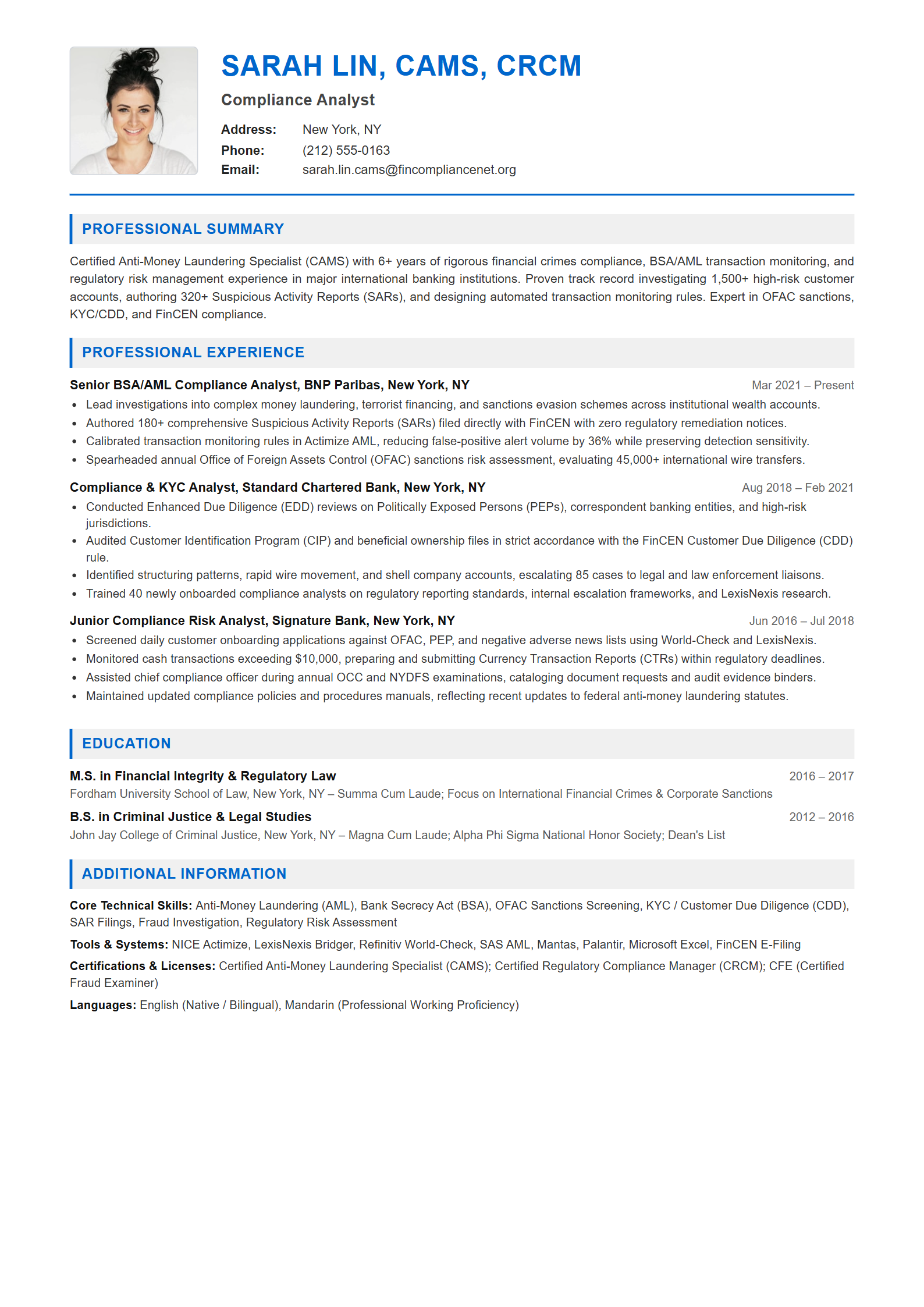 Compliance Analyst Resume Example (Template 107 - Executive Single-Page Format)