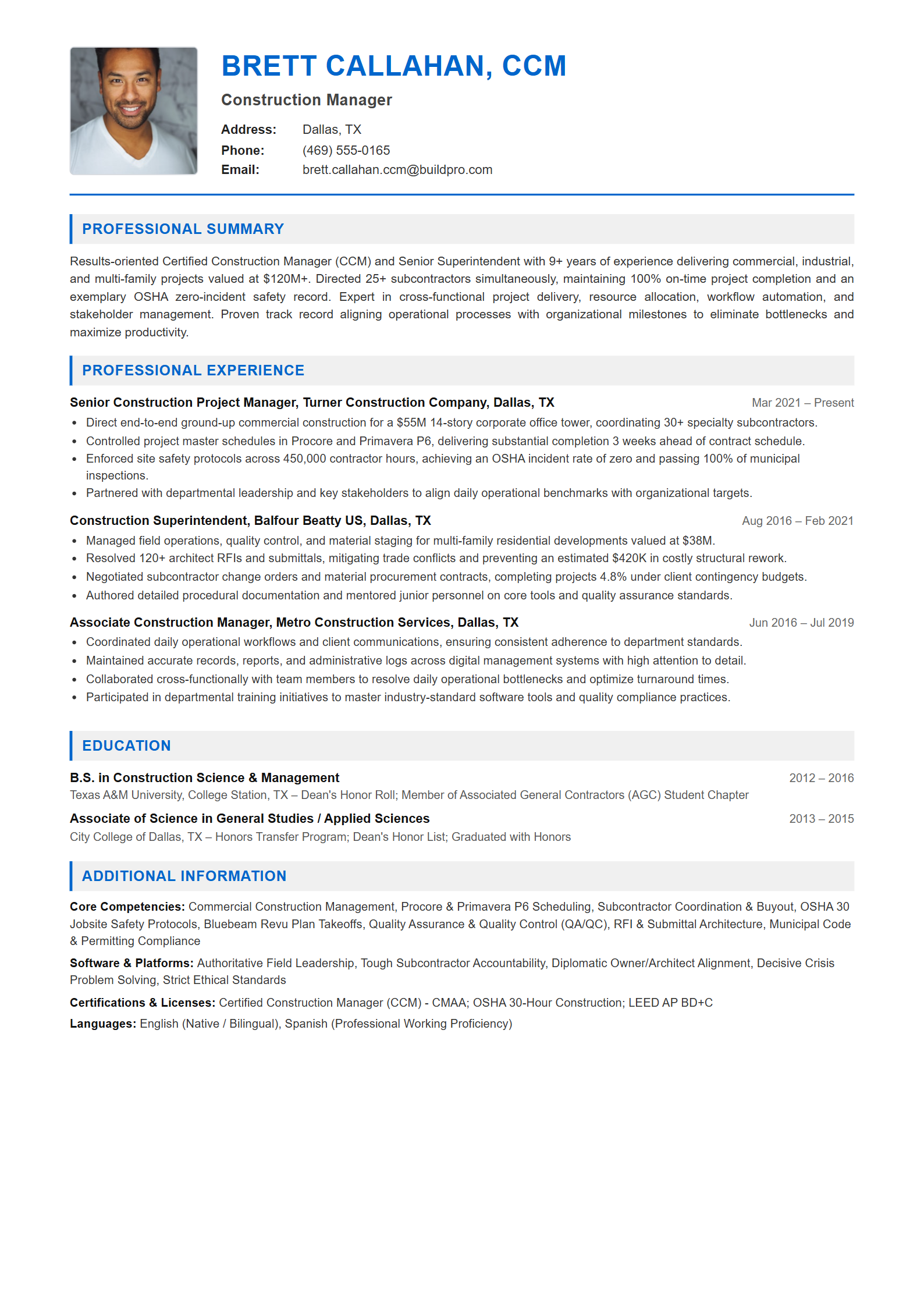 Construction Manager Resume Example (Template 107 - Executive Single-Page Format)