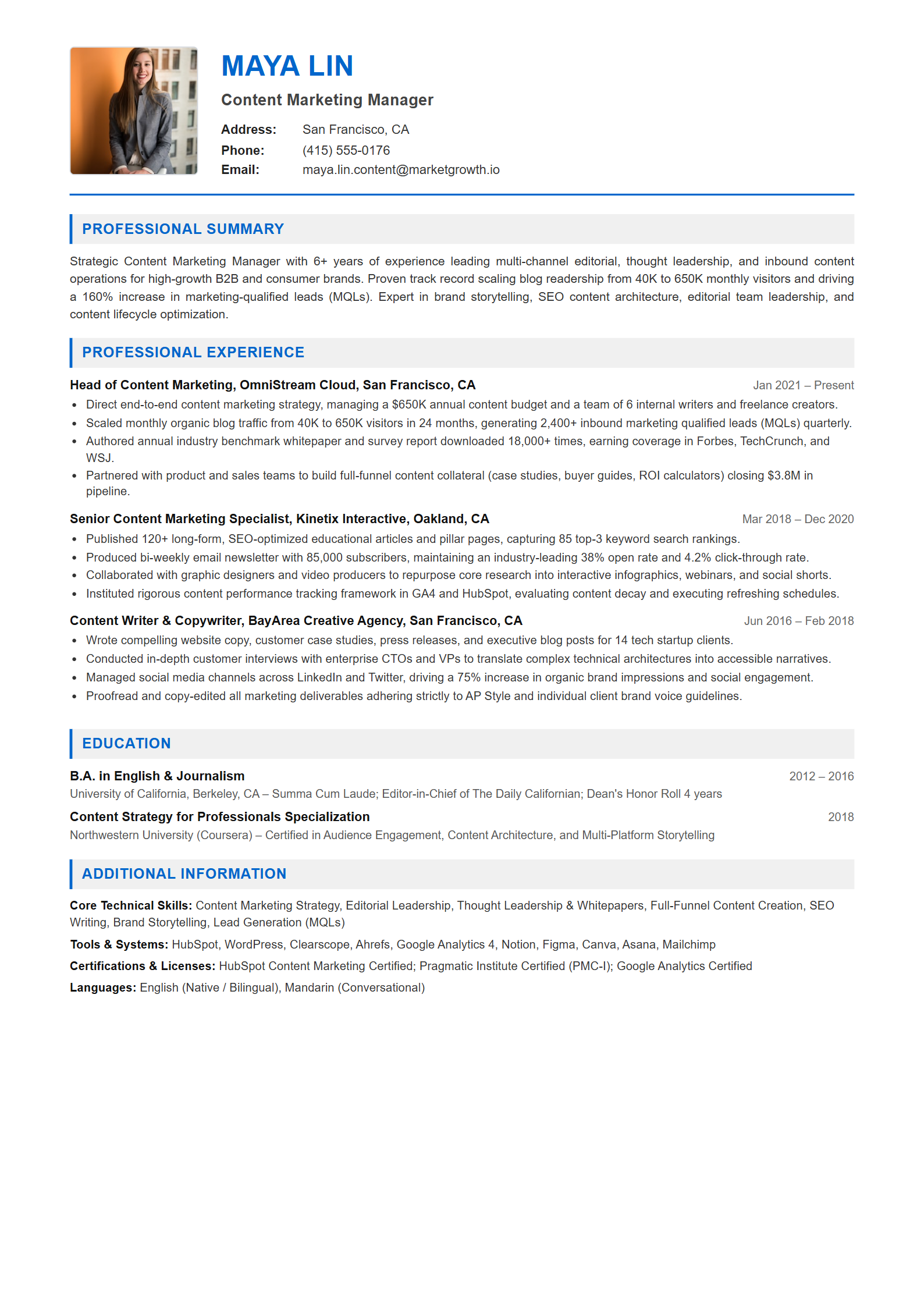 Content Marketing Manager Resume Example (Template 107 - Executive Single-Page Format)