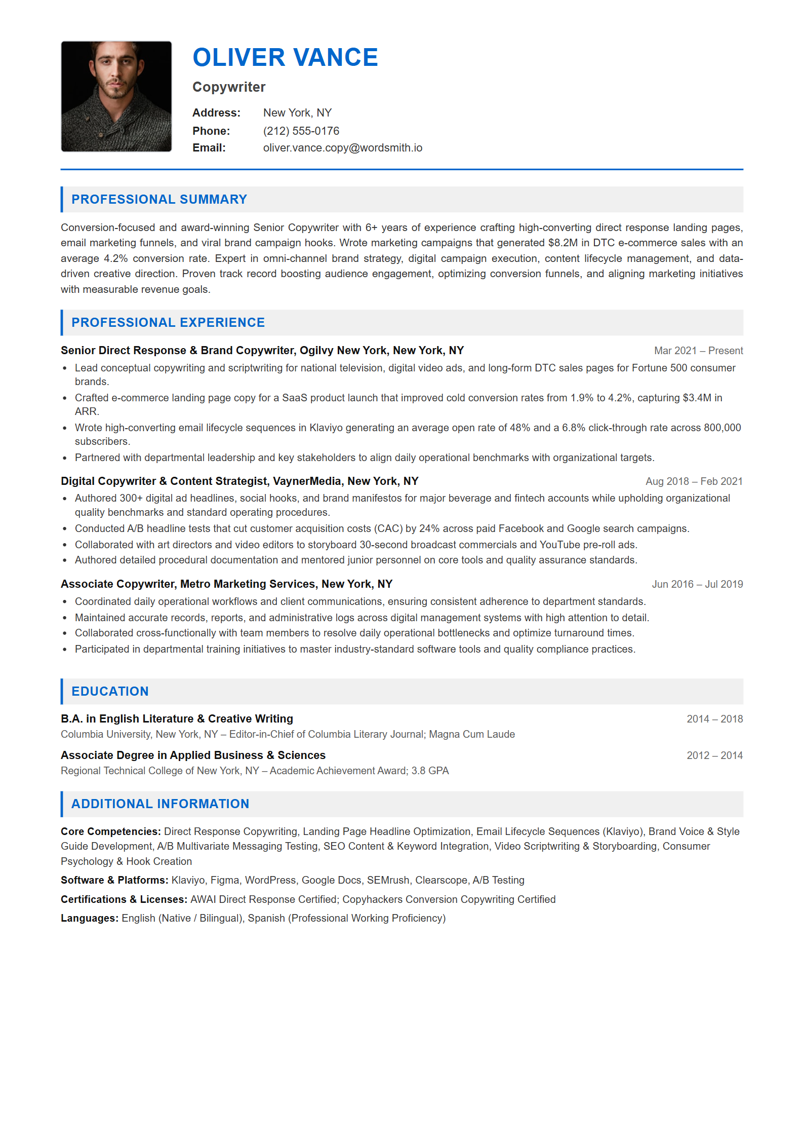 Copywriter Resume Example (Template 107 - Executive Single-Page Format)