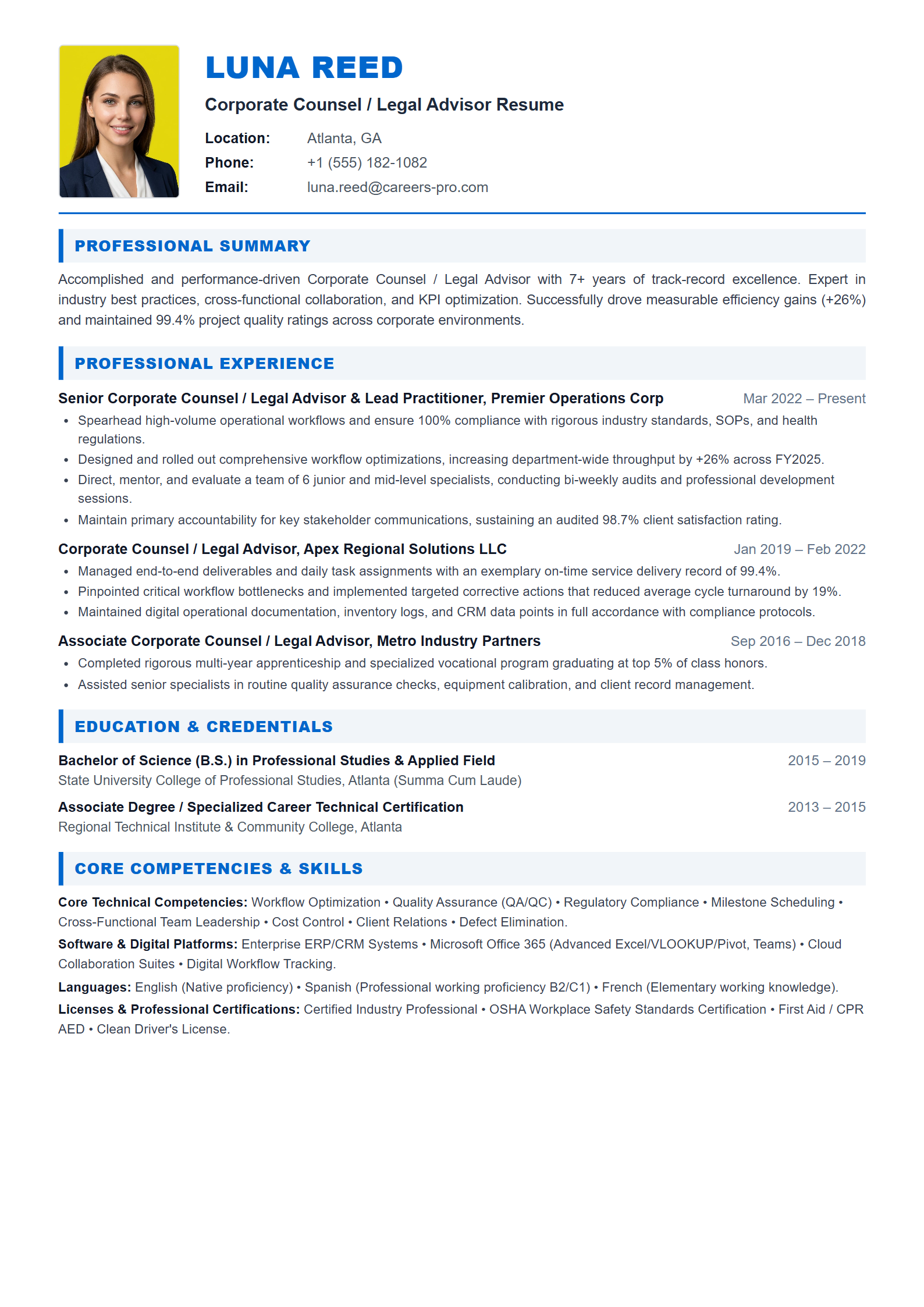 Corporate Counsel / Legal Advisor Resume Example