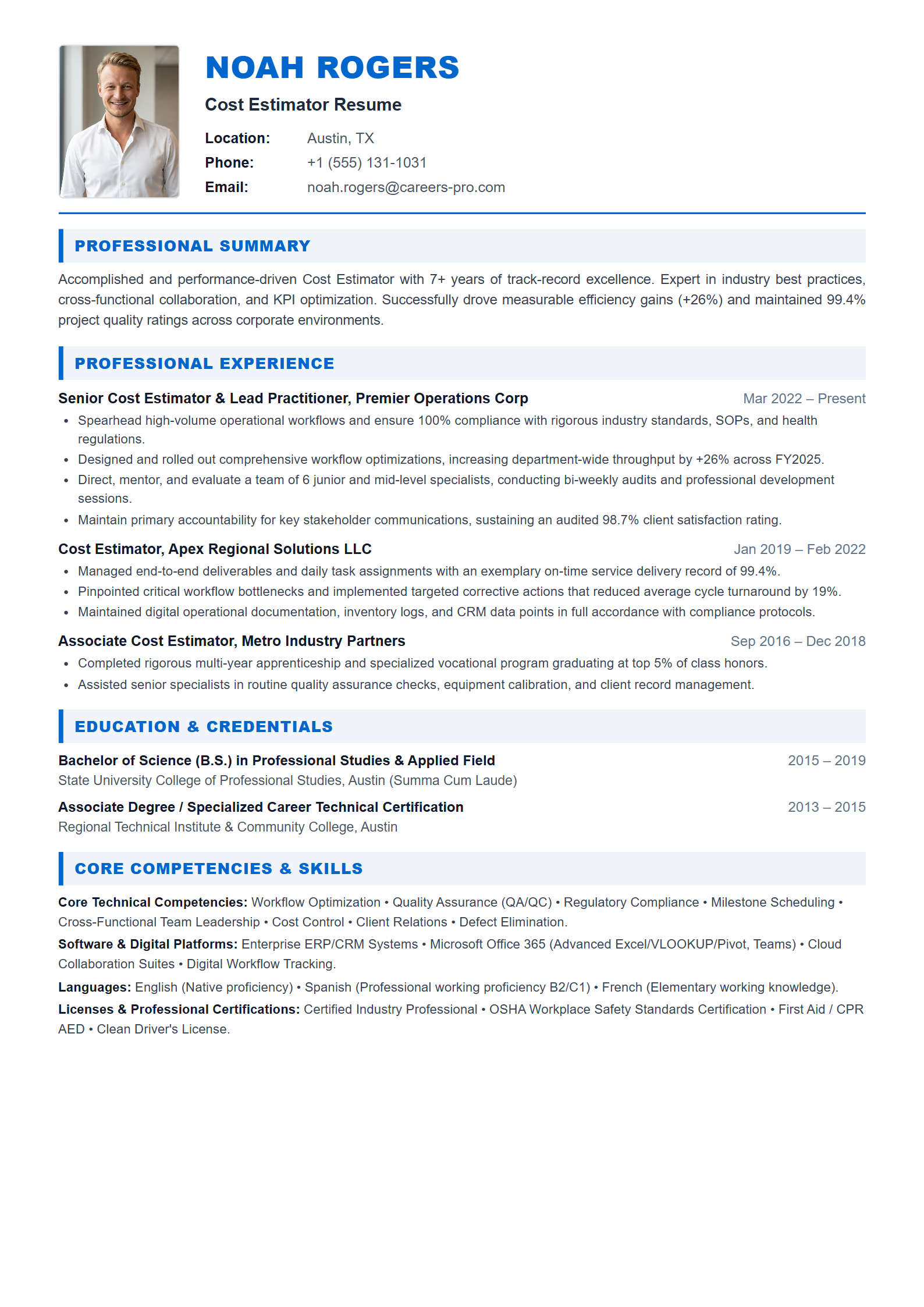 Cost Estimator Resume Example