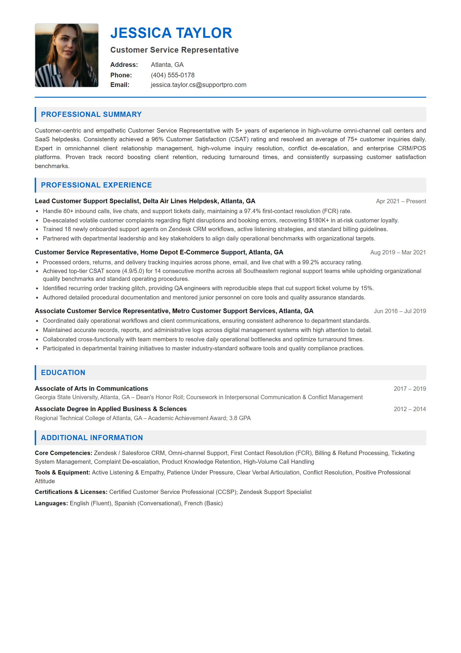 Customer Service Representative Resume Example (Template 107 - Executive Single-Page Format)