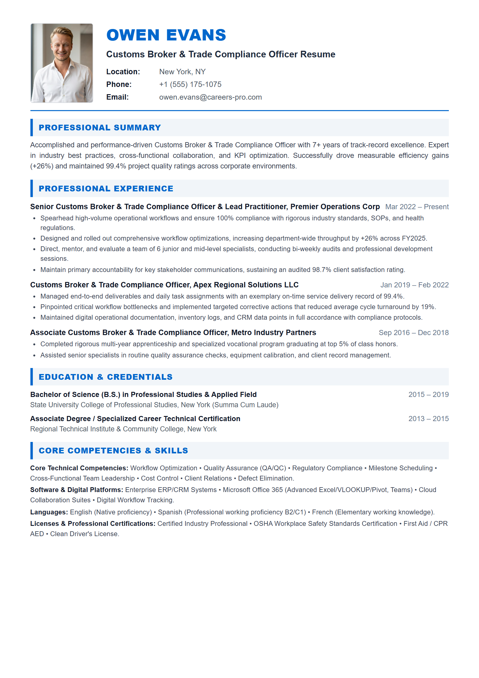 Customs Broker & Trade Compliance Officer Resume Example