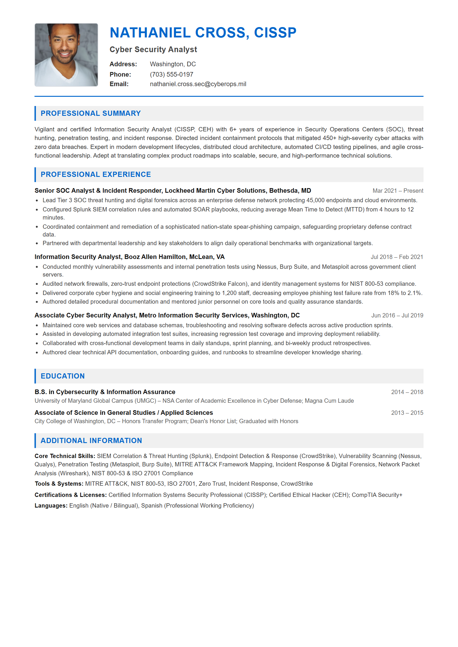 Cyber Security Analyst Resume Example (Template 107 - Executive Single-Page Format)