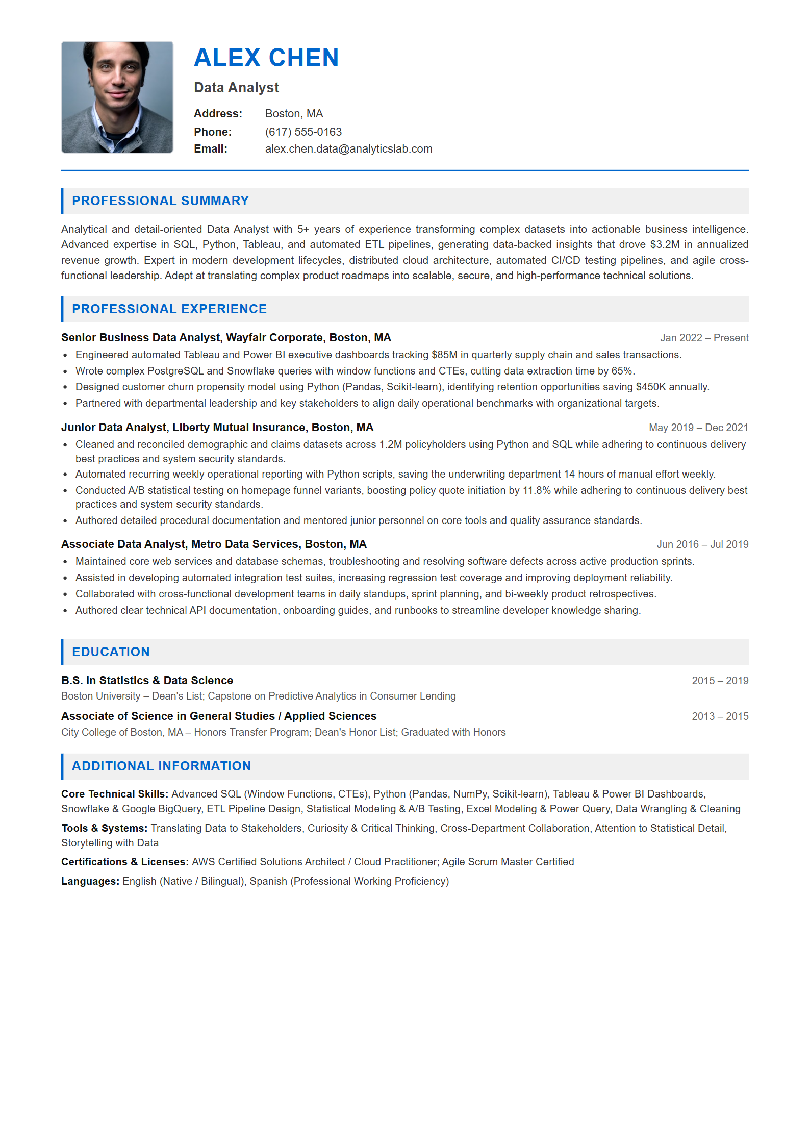 Data Analyst Resume Example (Template 107 - Executive Single-Page Format)