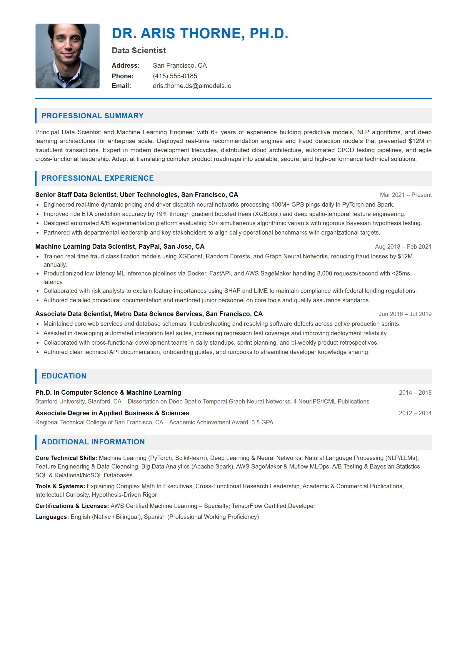 Data Scientist Resume Example (Template 107 - Executive Single-Page Format)