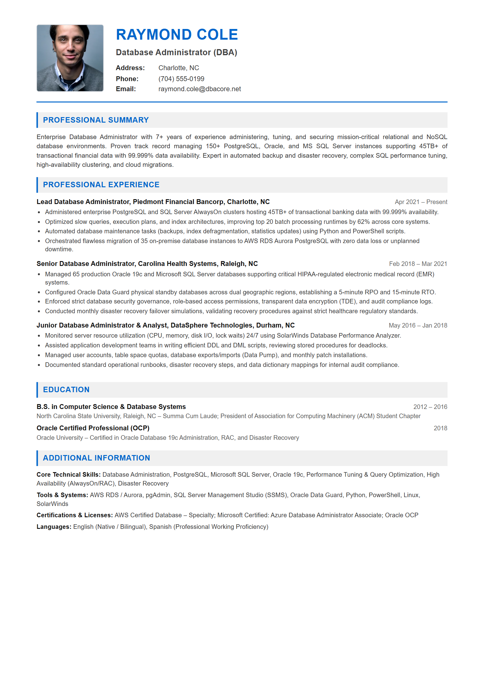 Database Administrator (DBA) Resume Example (Template 107 - Executive Single-Page Format)