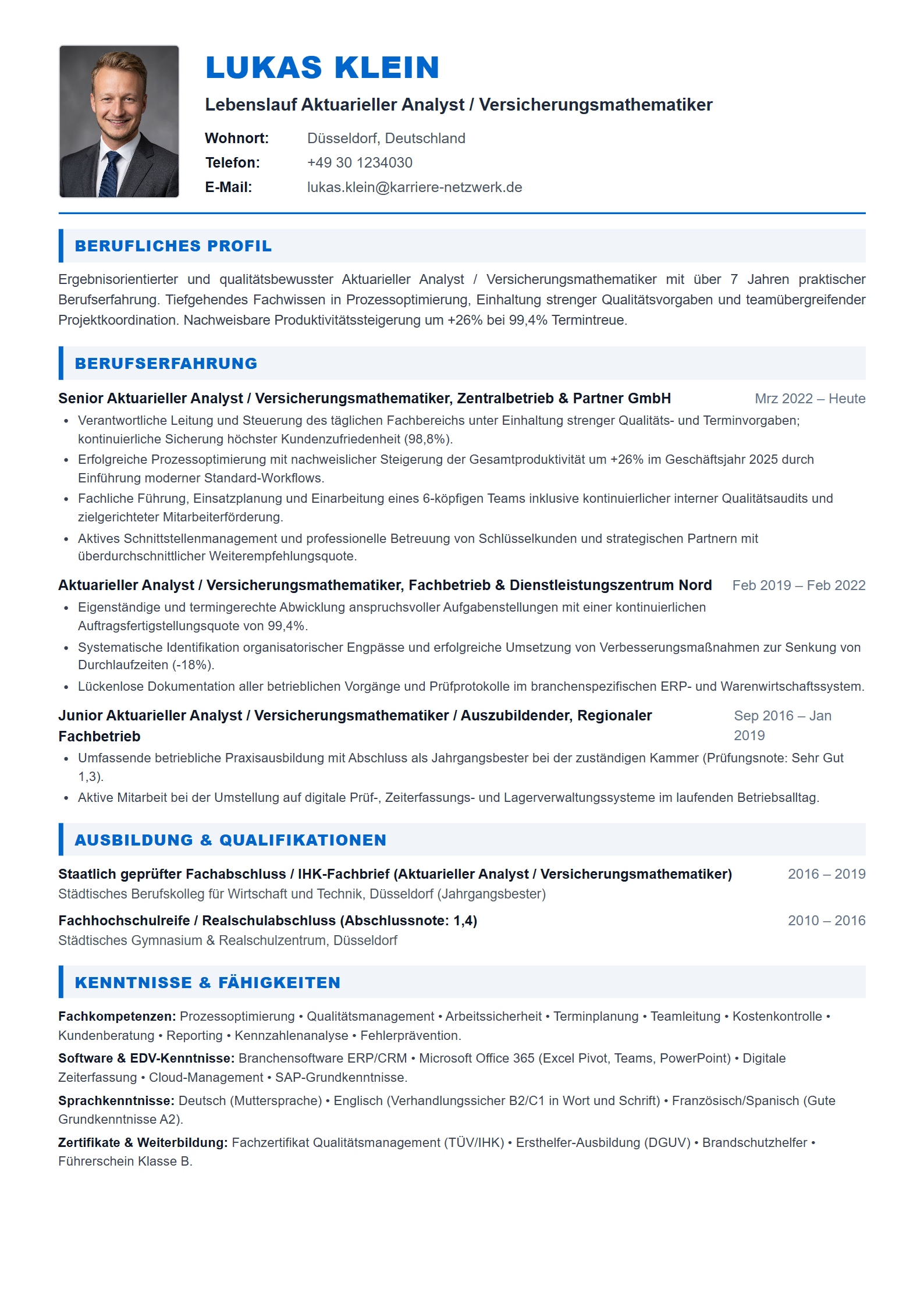 Aktuarieller Analyst / Versicherungsmathematiker Resume Example