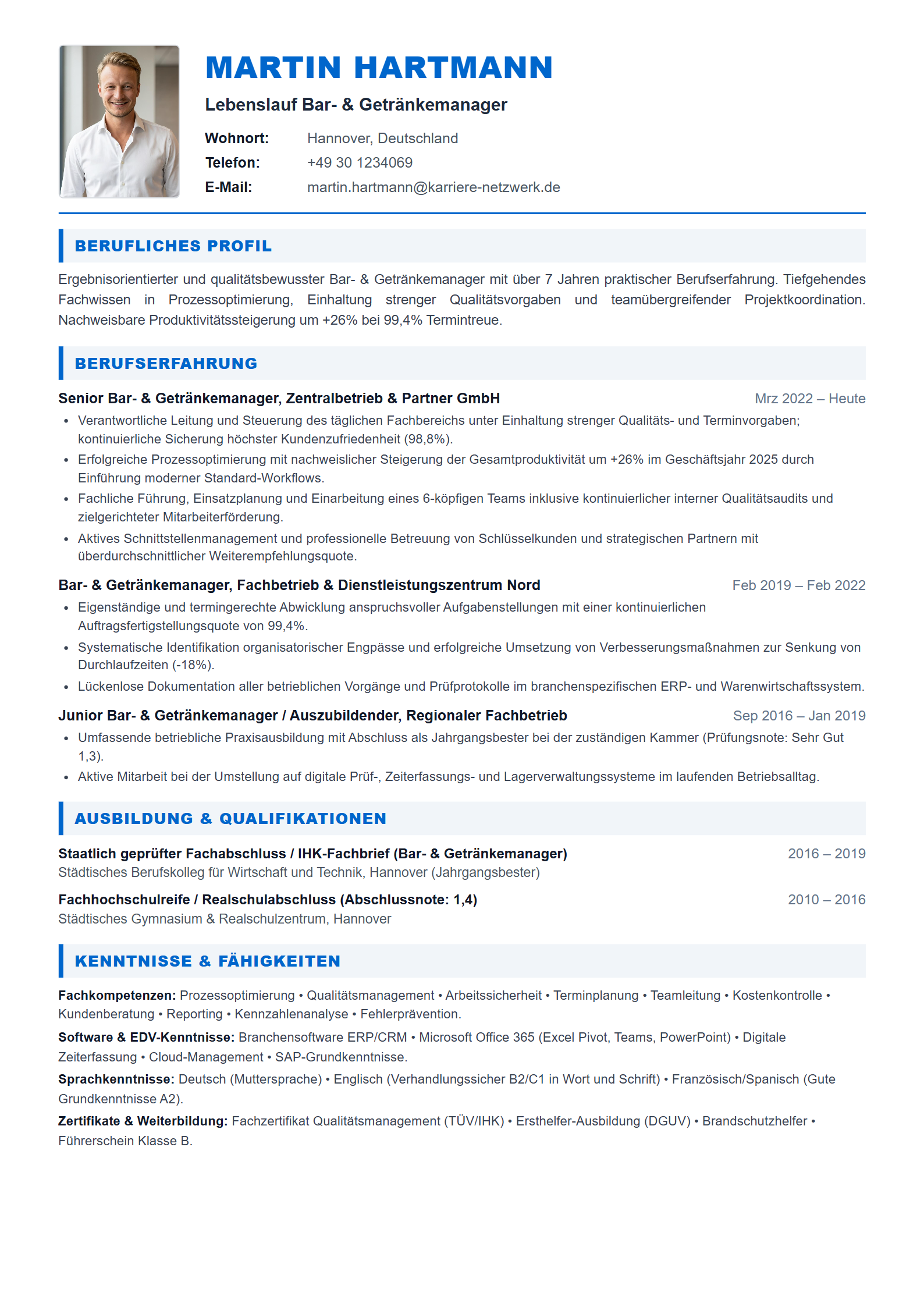 Bar- & Getränkemanager Resume Example