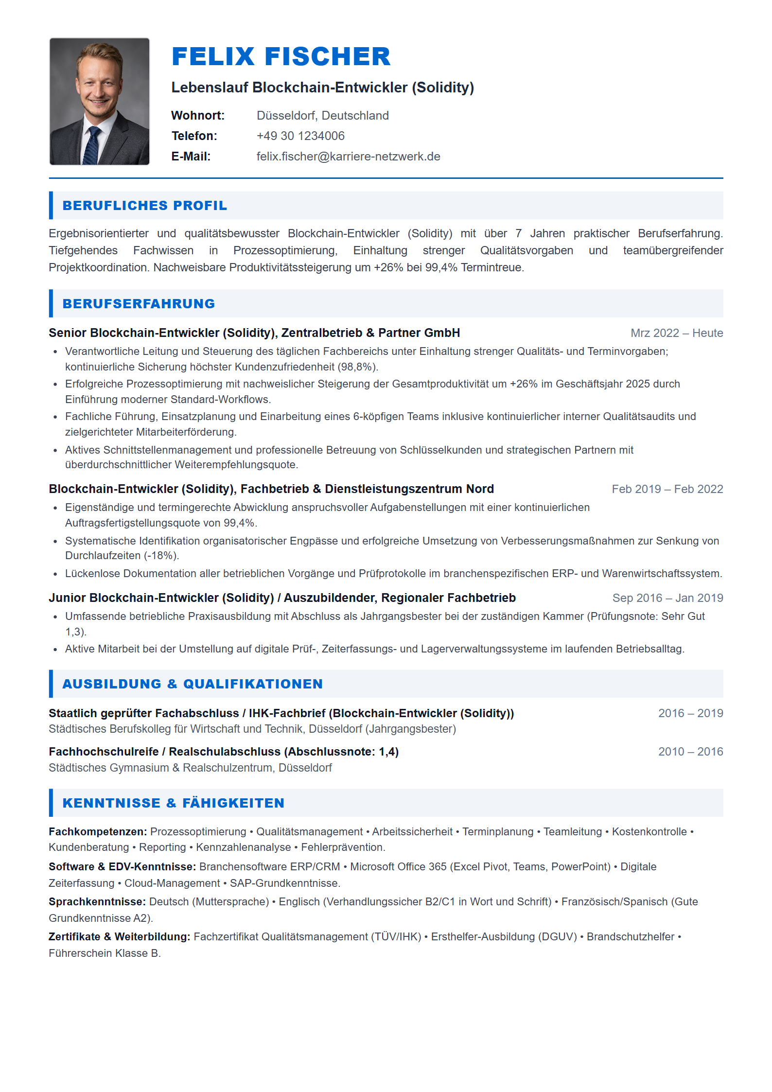 Blockchain-Entwickler (Solidity) Resume Example