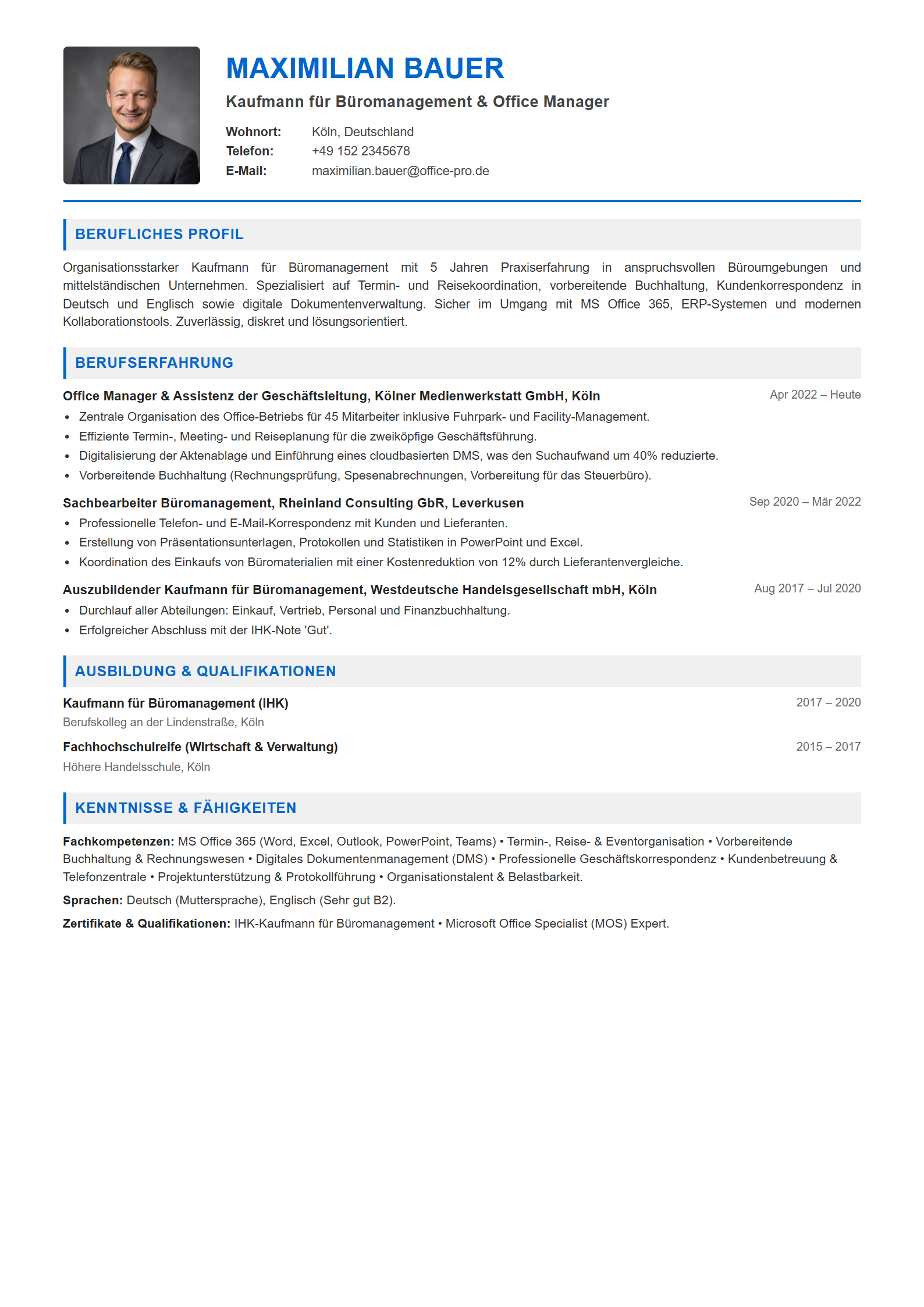 Lebenslauf-Muster Kaufmann für Büromanagement / Bürokaufmann