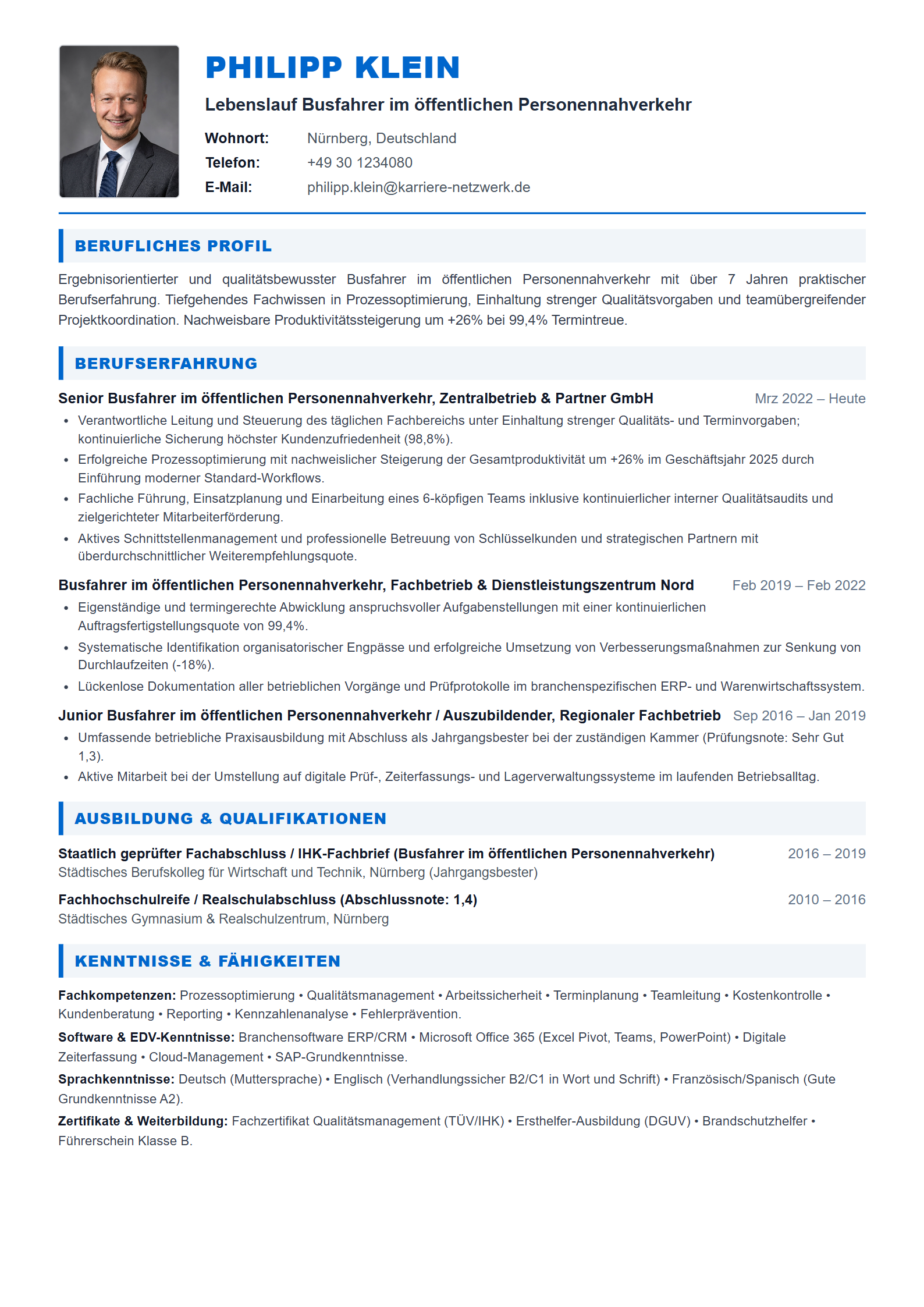 Busfahrer im öffentlichen Personennahverkehr Resume Example