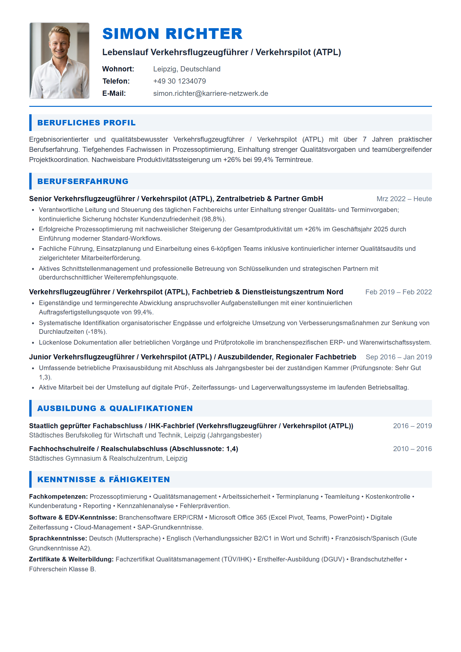 Verkehrsflugzeugführer / Verkehrspilot (ATPL) Resume Example