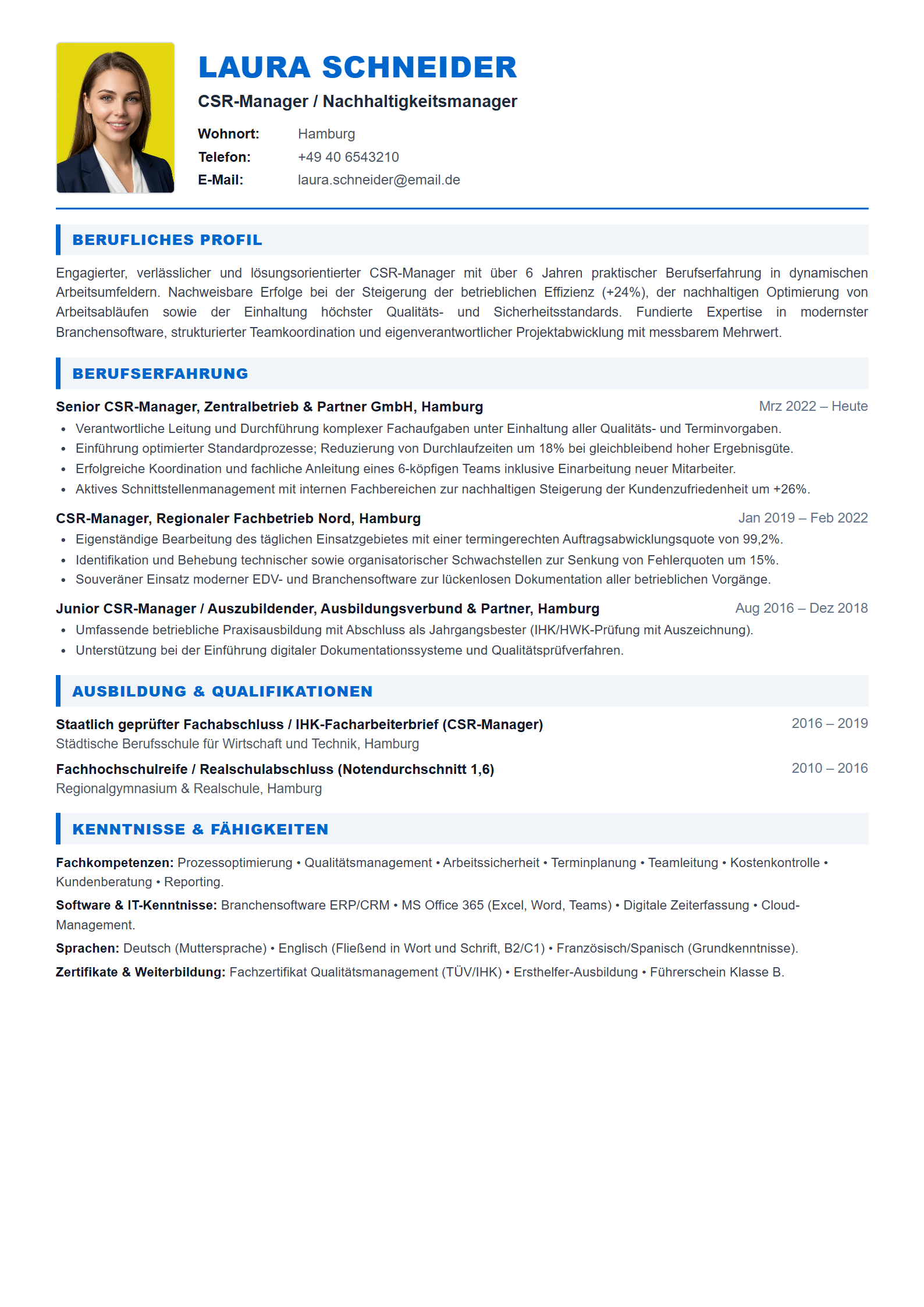Lebenslauf-Muster CSR-Manager / Nachhaltigkeitsmanager (Vorlage 303 - Format A4)