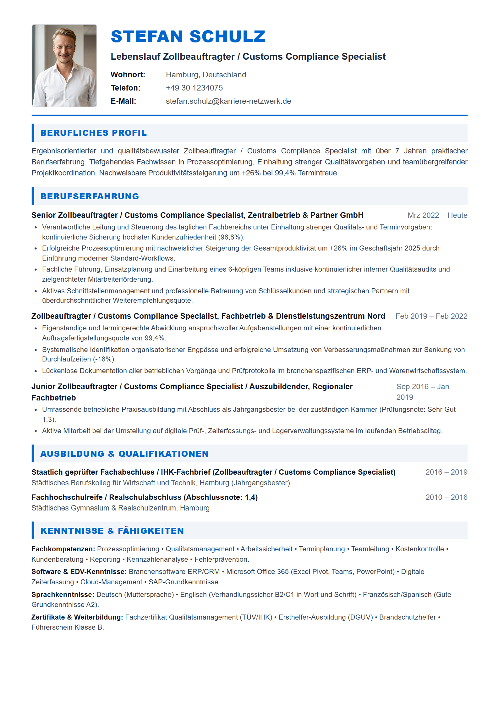 Zollbeauftragter / Customs Compliance Specialist Resume Example