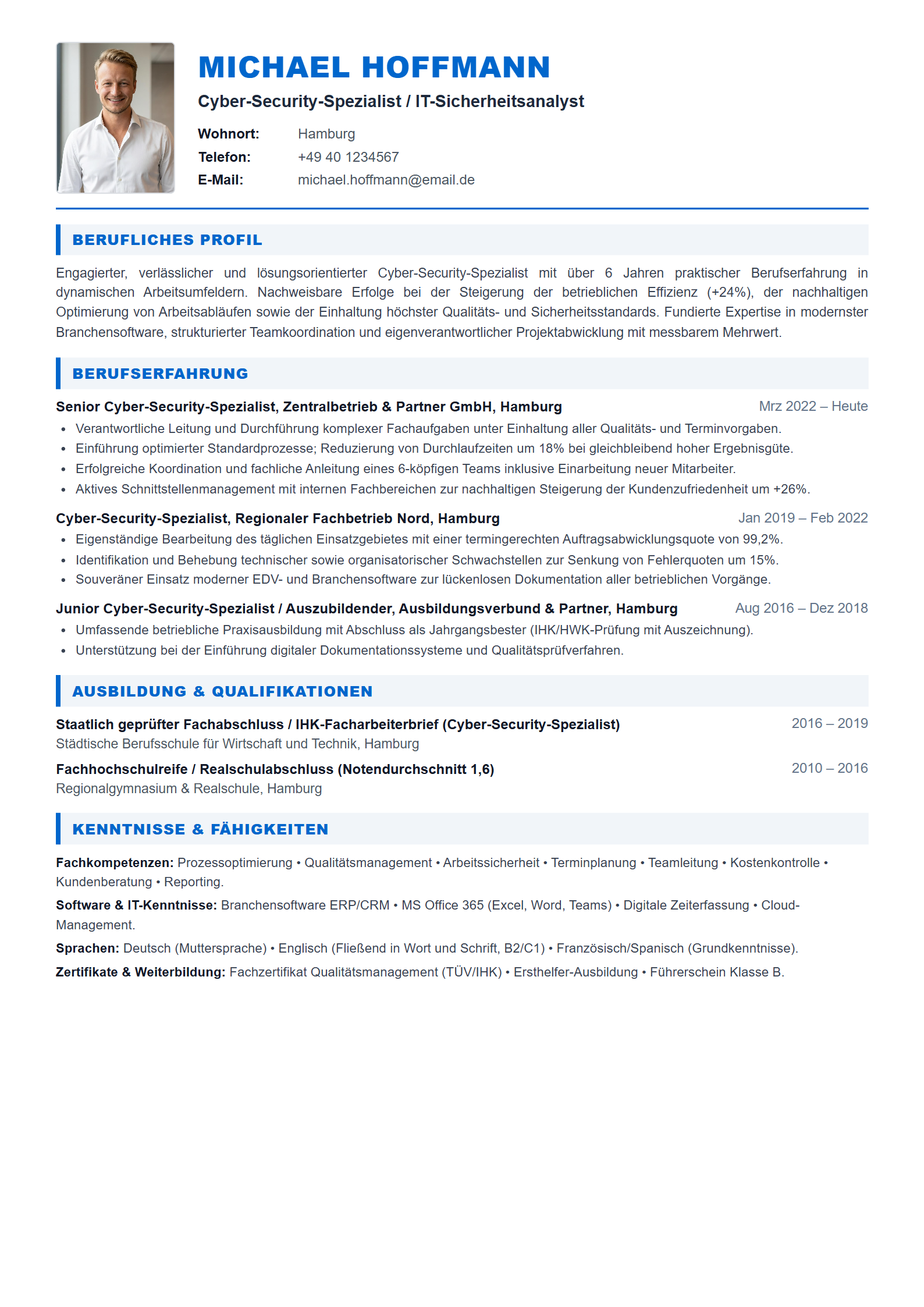 Lebenslauf-Muster Cyber-Security-Spezialist / IT-Sicherheitsanalyst (Vorlage 303 - Format A4)